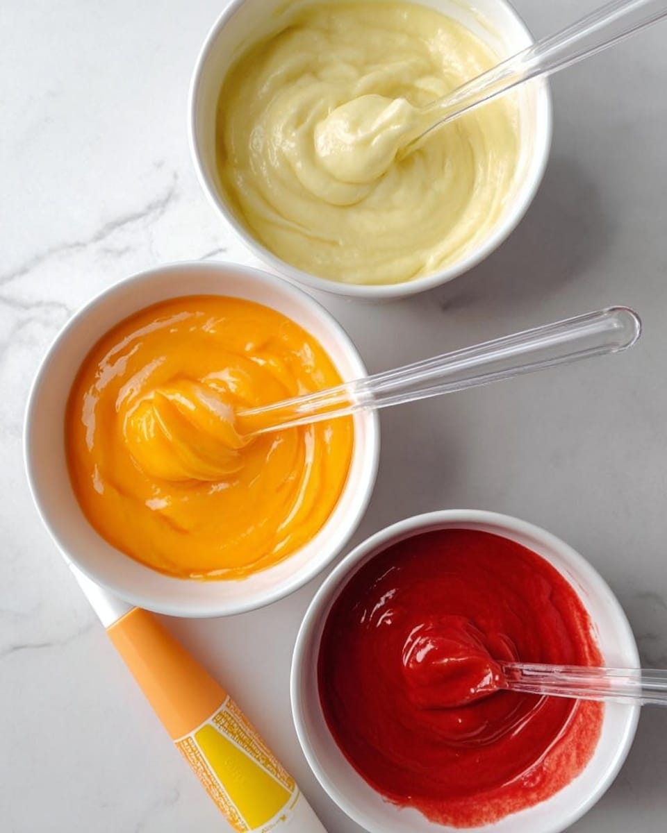 The image shows three white bowls with smooth, creamy substances inside them on a white marbled surface. The top bowl contains a pale yellow cream with a clear spoon resting inside. Below it, the middle bowl holds a bright orange cream with a clear spoon. The bottom right corner shows a bath of bright red cream with a clear spoon resting inside it. Near each bowl, there are color tubes matching the cream colors – a yellow tube near the pale yellow cream and an orange tube near the orange cream. The red cream’s tube is partially visible. The setup looks neat and clean. Photo taken with an iphone --ar 4:5 --v 7