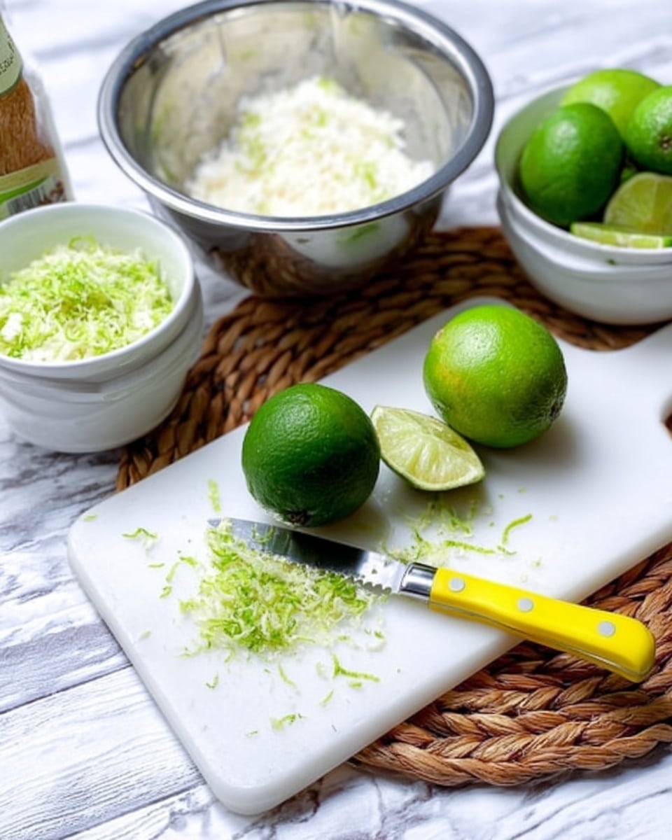 The image shows a white cutting board placed on a woven mat over a white marbled surface. On the board, there are lime zest shavings scattered in small piles, one whole dark green lime, and one lime with its skin fully peeled off showing the light green inner flesh. A small paring knife with a bright yellow handle rests on the board with some lime zest on its blade. Behind the board, there is a shiny silver metal bowl with a white mixture inside, a small white bowl filled with lime zest, and a white bowl with whole limes. The background surface has a smooth white marble texture. photo taken with an iphone --ar 4:5 --v 7