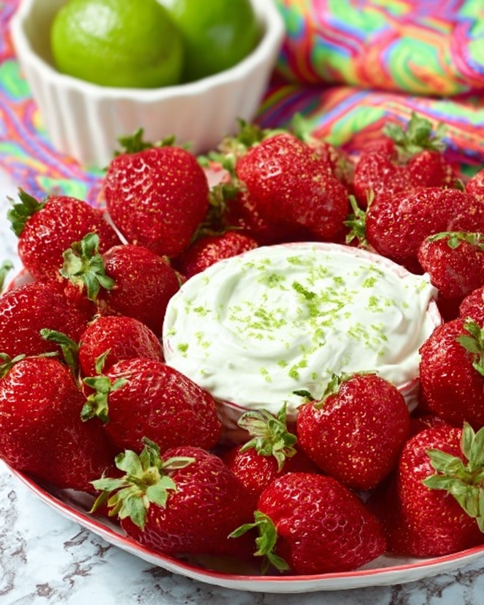 A white plate filled with fresh red strawberries with green leaves surrounds a round layer of creamy white dip in the center topped with small green lime zest pieces. In the background, there is a white bowl containing a green lime, all set on a white marbled surface with a colorful patterned cloth nearby. The strawberries are bright and shiny, with a natural bumpy texture and rich red color. Photo taken with an iphone --ar 4:5 --v 7