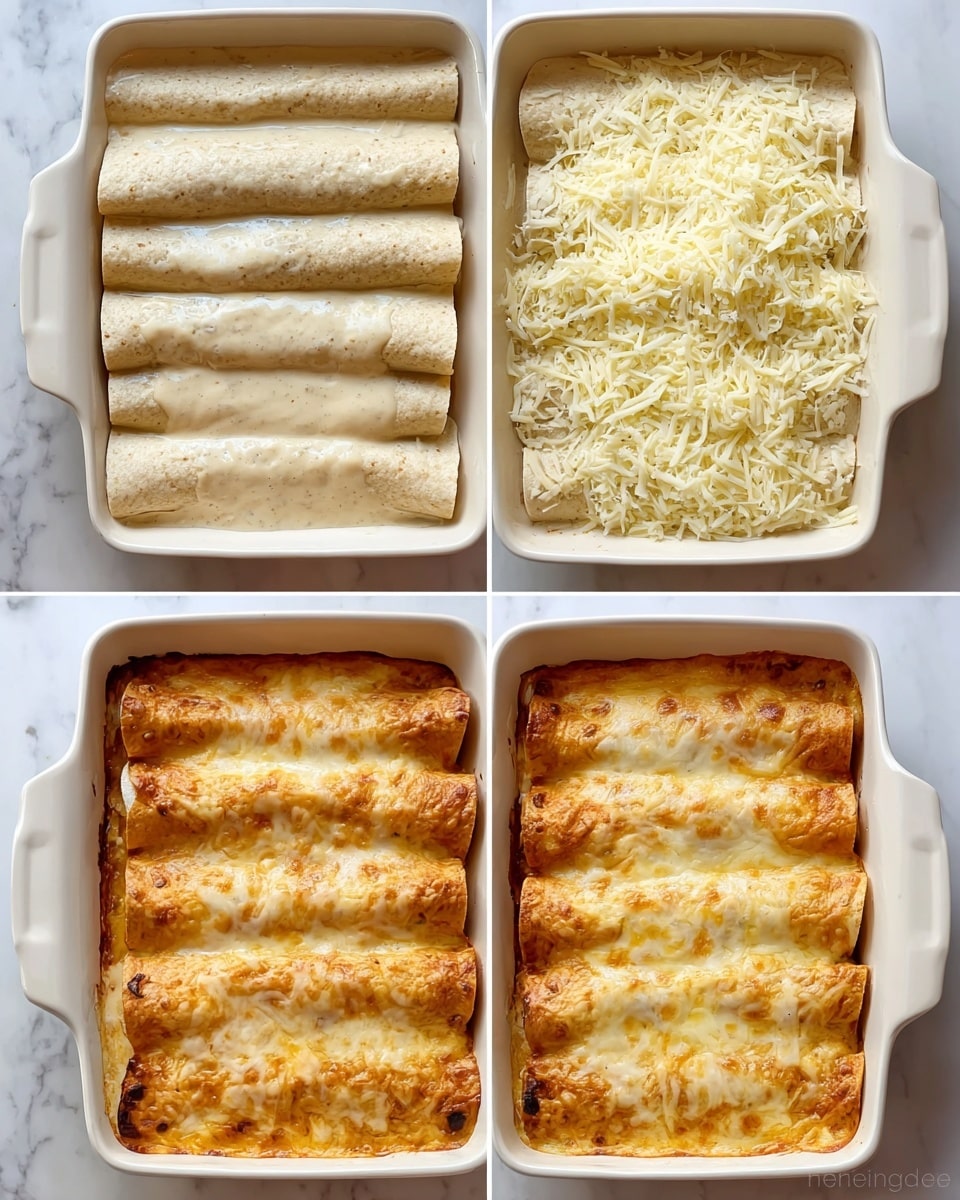 The image shows four stages of a baked dish in a white rectangular baking dish placed on a white marbled surface. The first stage features eight tightly rolled tortillas lined up neatly in two rows. The second stage shows the same rolled tortillas covered with a thick, creamy light beige sauce with visible small chunks. The third stage displays the sauce-covered tortillas topped generously with shredded white cheese. The fourth stage reveals the baked dish with the cheese melted into a golden brown, bubbly layer, covering the tortillas smoothly beneath. Photo taken with an iphone --ar 4:5 --v 7