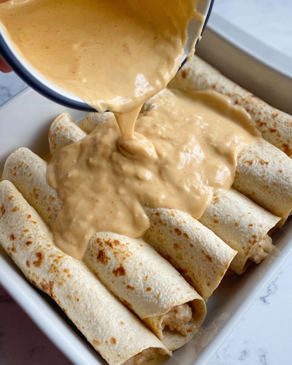The image shows a white rectangular dish filled with a single layer of rolled tortillas that are pale beige with slight darker spots, indicating soft texture. A thick, creamy light brown sauce with small chunky bits is being poured over the tortillas from the top left side, covering part of the rolled tortillas and creating a smooth flow. The scene is set on a white marbled surface, and a woman’s hand holds the container pouring the sauce. The overall look is warm and inviting, with the sauce slowly spreading over the rolled tortillas. photo taken with an iphone --ar 4:5 --v 7