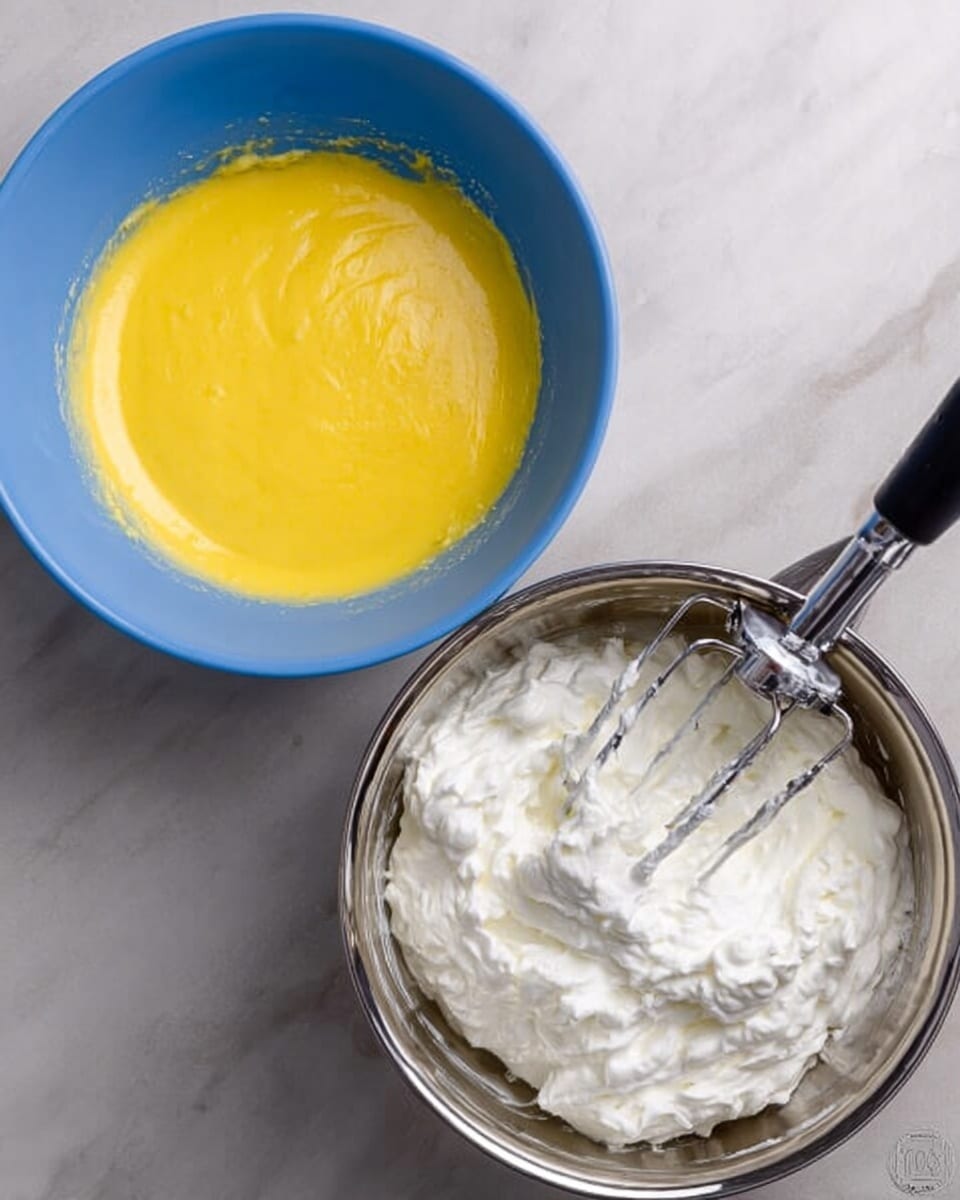 The image shows two bowls on a white marbled surface. On the left, there is a blue bowl filled with a smooth, bright yellow mixture that looks creamy. On the right, there is a silver metal bowl holding fluffy, white whipped cream with an electric mixer partially inside it. The bowls are side by side with a clear contrast between the yellow and white mixtures. Photo taken with an iphone --ar 4:5 --v 7