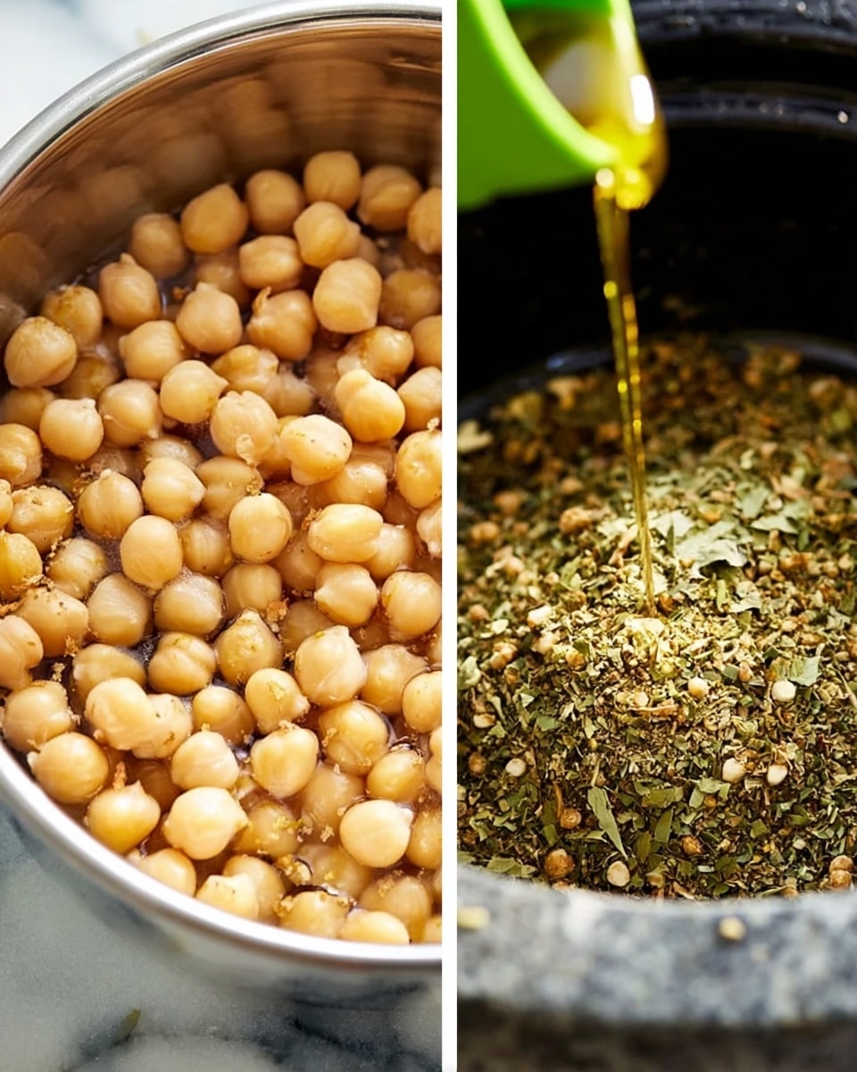 The image shows three side-by-side close-up shots. The first shot displays many light beige chickpeas packed closely together inside a shiny metal bowl on a white marbled surface. The second shot shows a green measuring spoon pouring golden olive oil over the chickpeas inside a black pot, with the chickpeas slightly blurred in the background. The third shot reveals a coarse green spice mix or herb blend inside a gray stone mortar, showing various small pieces of herbs and seeds. photo taken with an iphone --ar 4:5 --v 7
