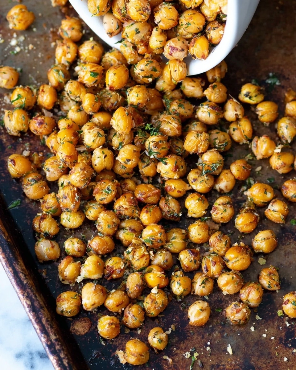A white bowl tilted slightly on the top left corner is spilling roasted chickpeas onto a dark, worn cooking tray. The chickpeas are golden brown with a slightly crispy texture, each one coated evenly with green herb flakes and small grains of seasoning. The chickpeas cover most of the tray's surface, creating a dense, textured layer that shows different shades of golden and brown with specks of green from the herbs. The photo is taken on a white marbled surface. Photo taken with an iphone --ar 4:5 --v 7