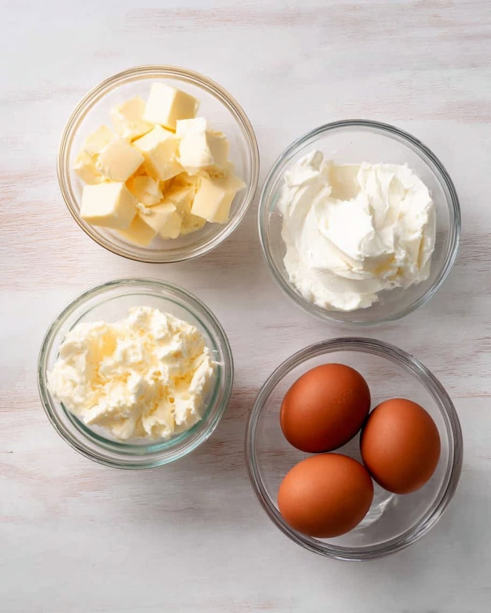 The image shows a white marbled surface with four small clear glass bowls arranged on it. One bowl contains small uneven pieces of light yellow butter, another bowl holds a white creamy substance, the third bowl has three brown eggs, and the fourth bowl is empty and clear. The bowls are spaced apart clearly, showing the simple ingredients separately and cleanly. photo taken with an iphone --ar 4:5 --v 7
