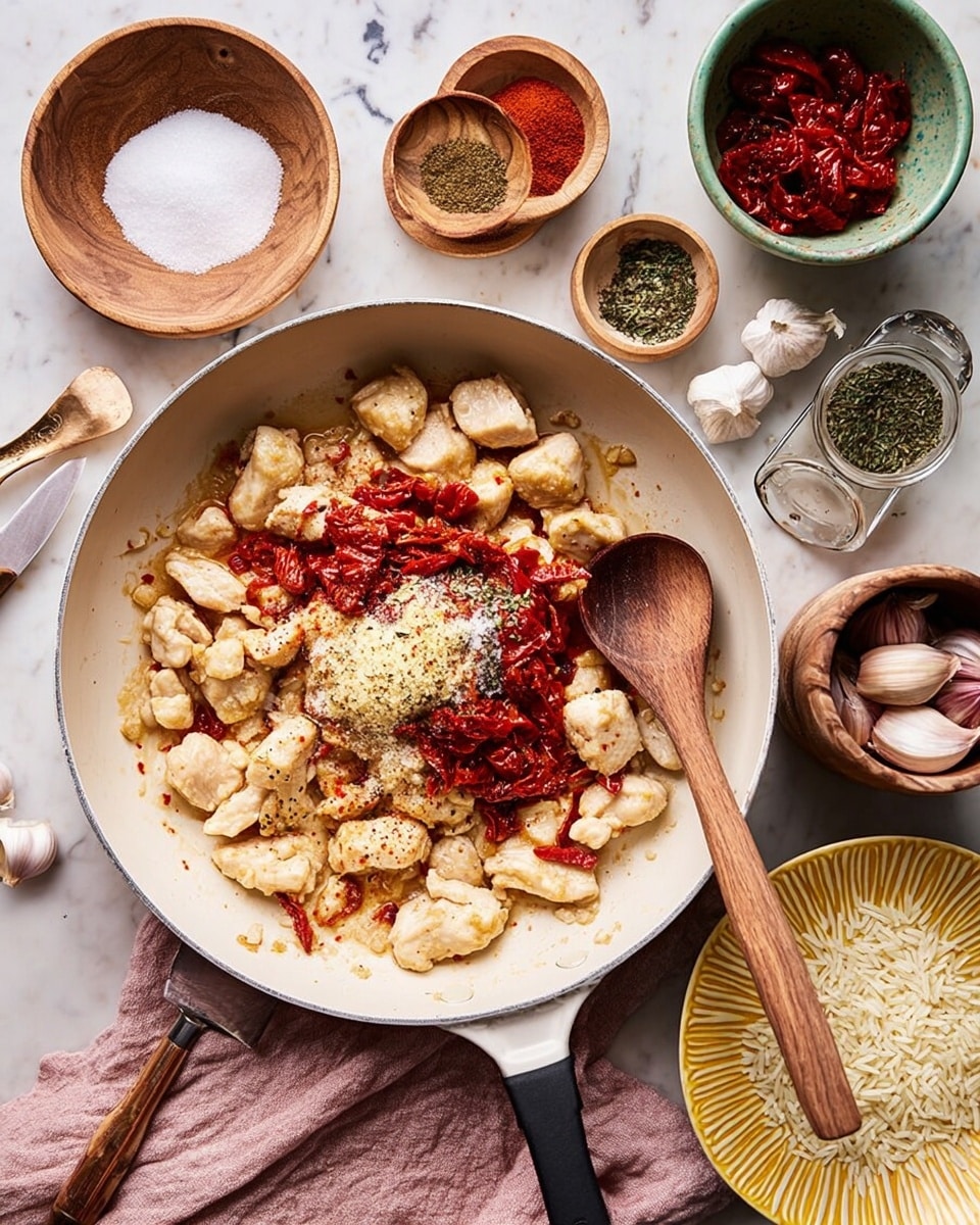 A white pan filled with small pieces of lightly browned chicken arranged in a rough circle, topped with layers of bright red sun-dried tomatoes in strips, a pile of finely chopped garlic in the center, and a mix of white salt and black pepper scattered over the top. A wooden spoon with a black tip rests inside the pan, touching the chicken. Around the pan, various small bowls hold spices: a light brown wooden bowl with white salt and a small gold spoon, a green bowl with herbs, a speckled white bowl with red powder, and a white bowl with garlic cloves and a knife with a wooden handle. A small glass bowl with red sun-dried tomatoes and a matching wooden fork sits nearby. A round bowl with uncooked rice is on a yellow and white patterned plate. Everything is placed on a white marbled surface with a folded dusty pink cloth under the pan. Photo taken with an iphone --ar 4:5 --v 7