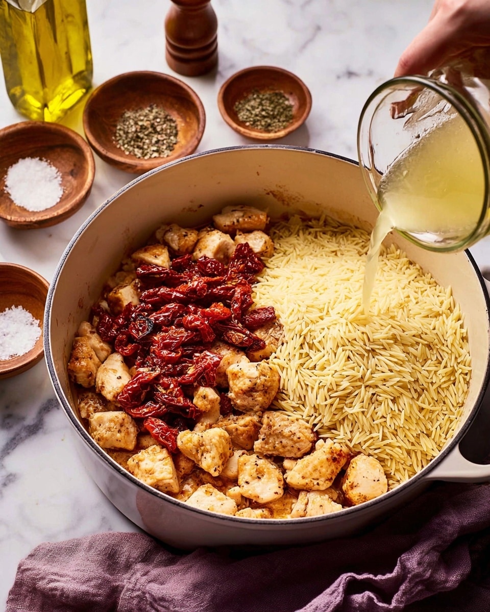 A white cooking pot filled with three main layers: the bottom layer has golden browned chicken pieces scattered evenly, topped with deep red sun-dried tomatoes mainly gathered in the center, and a pile of pale yellow uncooked orzo pasta placed on one side. A woman's hand is pouring a light yellow liquid from a clear jar over the orzo. Around the pot are small wooden bowls containing salt, black pepper, and a pepper grinder, while a bottle of olive oil stands in the background. The pot rests on a white marbled surface with a purple cloth nearby. Photo taken with an iphone --ar 4:5 --v 7