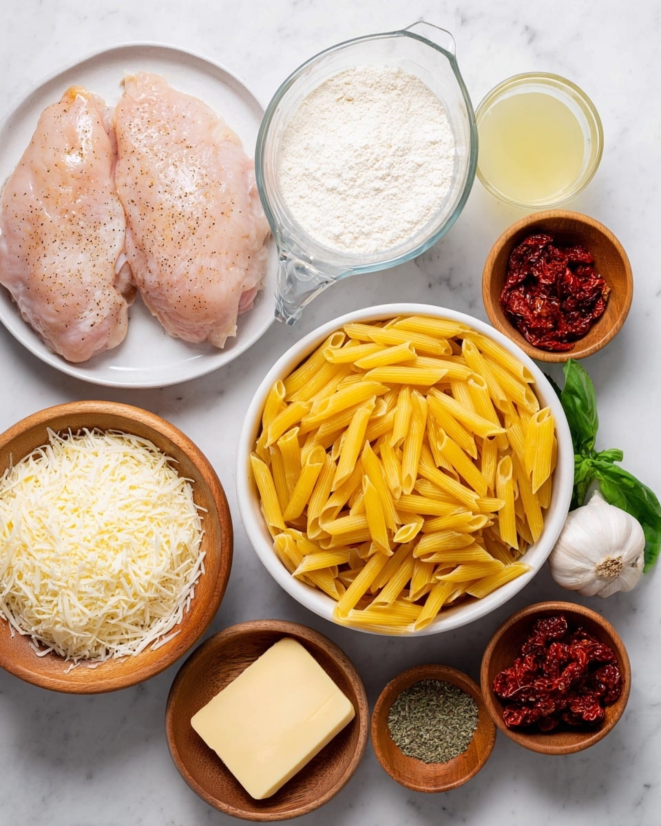 The image shows fresh cooking ingredients arranged neatly on a white marbled surface. There is a white bowl full of uncooked yellow penne pasta in the center. Around it, there is a white bowl holding two raw chicken pieces seasoned with salt and pepper to the left. Above the chicken, there is a clear measuring cup filled with milk and a wooden bowl with white flour. Below the pasta bowl, a wooden bowl contains shredded white cheese, and next to it is a head of garlic. On the right side, another clear measuring cup holds a pale yellow liquid, likely broth, and a wooden bowl has sun-dried tomatoes. Below on the surface are small wooden bowls with two slices of butter, and one with a mix of dried herbs, salt, pepper, and red chili flakes, as well as a small bowl of oil. photo taken with an iphone --ar 4:5 --v 7