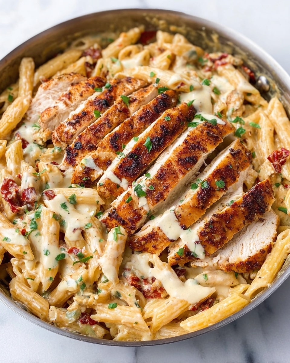 The image shows a pan filled with creamy pasta and sliced grilled chicken on top. The pasta is cooked penne, coated in a light cream sauce with small pieces of red bits, likely sun-dried tomatoes or peppers, mixed throughout. There are two layers of sliced grilled chicken placed over the pasta, each piece nicely browned with visible grill marks and a slightly crispy skin. The chicken is topped with a drizzle of the cream sauce and small green chopped herbs scattered over everything. The pan sits on a white marbled surface. Photo taken with an iphone --ar 4:5 --v 7