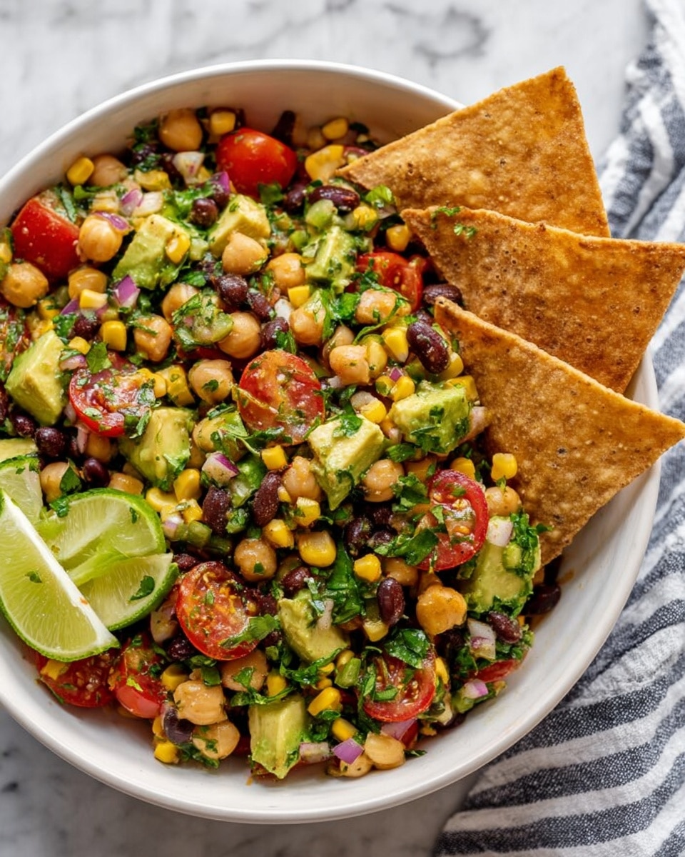 A white bowl filled with a colorful layered salad, featuring green chopped cilantro, avocado chunks, and small pieces of red onion mixed with black beans and chickpeas. Bright yellow corn kernels and halved red cherry tomatoes are spread throughout, creating a vibrant mix. Three triangular brown tortilla chips are placed leaning against the side of the bowl. On the edge of the bowl, two slices of lime add a fresh green color. The bowl is set on a white marbled surface, with a striped cloth partially visible nearby. photo taken with an iphone --ar 4:5 --v 7