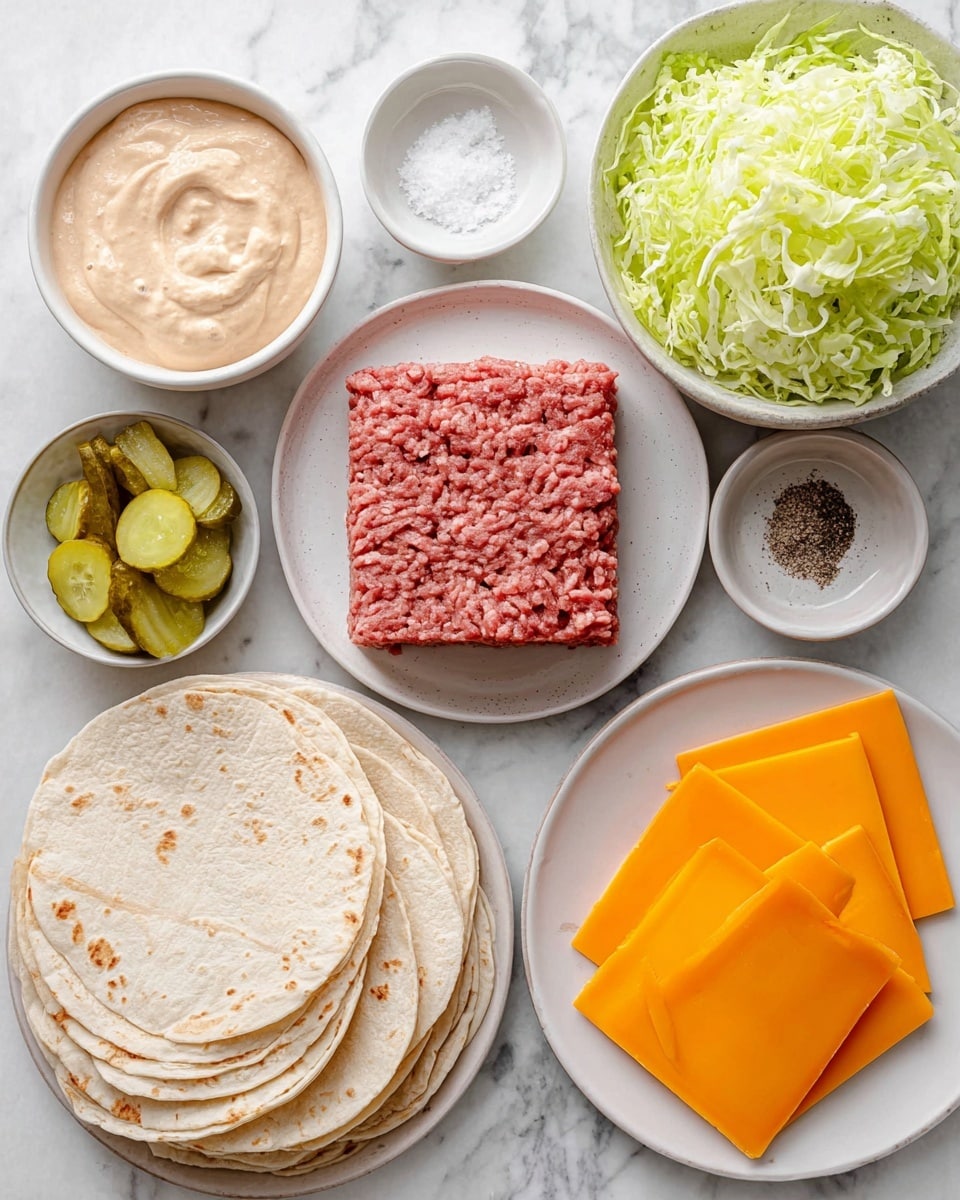 The image shows ingredients for a burger wrap arranged on a white marbled surface. There is a white plate with several soft, round tortillas at the bottom left. Above them, a white ceramic bowl contains a creamy sauce with a light brown color and smooth texture. To the right of the sauce is a white bowl full of fresh shredded light green lettuce. Near the center, a white round plate holds a rectangular block of raw ground beef, showing a pinkish red color and a textured surface. Above the beef to the right, a small white bowl has sliced pickles with ridged edges and a bright green color. Nearby are two small white dishes, one with white salt crystals and one with coarse ground black pepper. At the bottom right, a white plate has several slices of bright orange cheddar cheese with smooth surfaces and sharp edges. The photo taken with an iphone --ar 4:5 --v 7