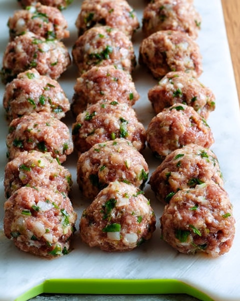 The image shows three rows of raw meatballs made from ground meat mixed with small pieces of green herbs and white onion bits. Each meatball is round and slightly uneven in shape, placed close to each other on a white chopping board with a green handle. The background is a white marbled surface. Photo taken with an iphone --ar 4:5 --v 7