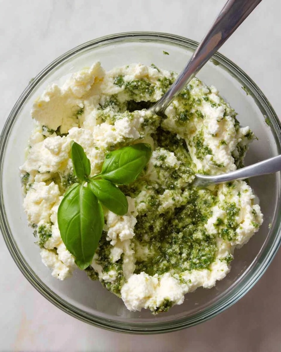 A clear glass bowl filled with a mixture of soft white cottage cheese and green herb paste, with the green paste partially mixed in and pooling in the center. Two metal spoons rest in the bowl, one on each side, and two fresh green basil leaves are placed on top near the edge. The bowl sits on a white marbled surface. Photo taken with an iphone --ar 4:5 --v 7