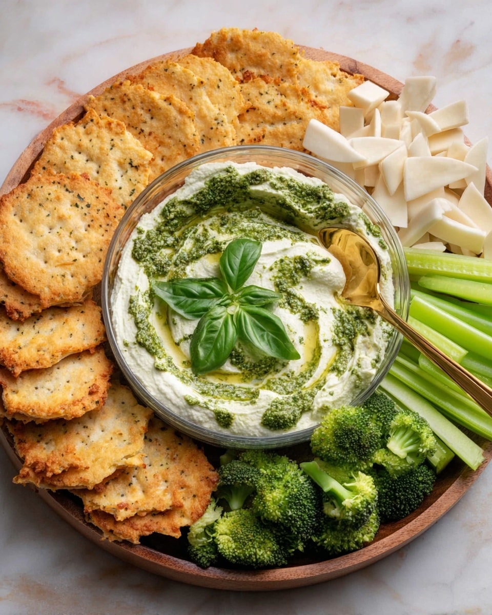 A close-up view of a round wooden tray filled with a variety of snacks arranged neatly around a glass bowl in the center. Inside the bowl is a creamy white dip swirled with green pesto and topped with two fresh green basil leaves, with a golden spoon resting inside. Surrounding the bowl in a clockwise direction are crispy golden crackers on the left, white flatbread chips on the right, bright green celery sticks at the bottom right, and fresh green broccoli florets at the bottom left. The tray is set on a white marbled surface. Photo taken with an iphone --ar 4:5 --v 7