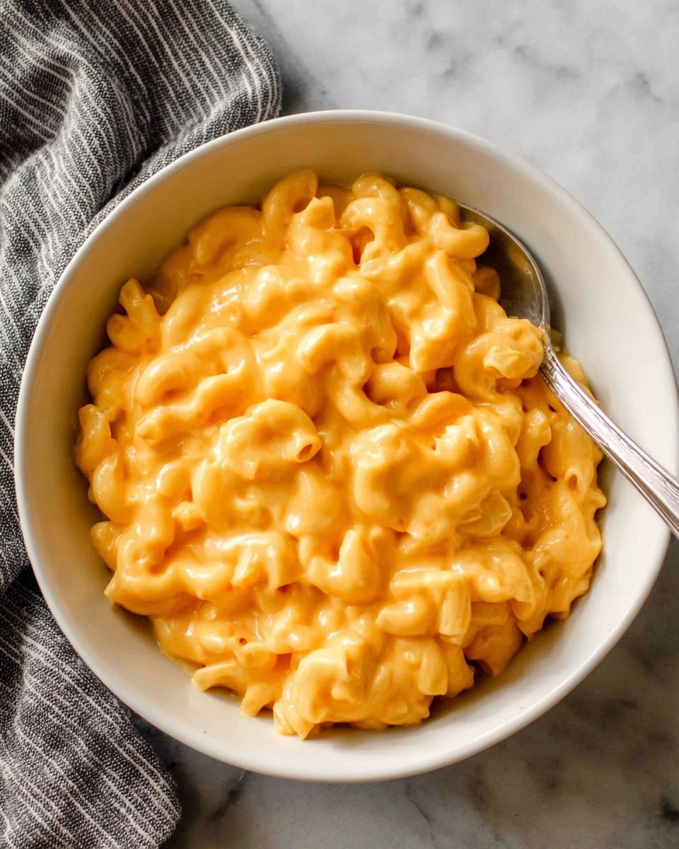 A white bowl is filled with creamy macaroni and cheese, showing one main layer of elbow-shaped pasta covered in smooth, bright orange cheese sauce. The cheese sauce looks thick and shiny, flowing gently over the pasta, with a soft texture. A metal spoon is partly placed inside the bowl on the right side, resting on top of the macaroni. The bowl is set on a white marbled surface with a gray and white striped cloth partially visible on the left side. photo taken with an iphone --ar 4:5 --v 7