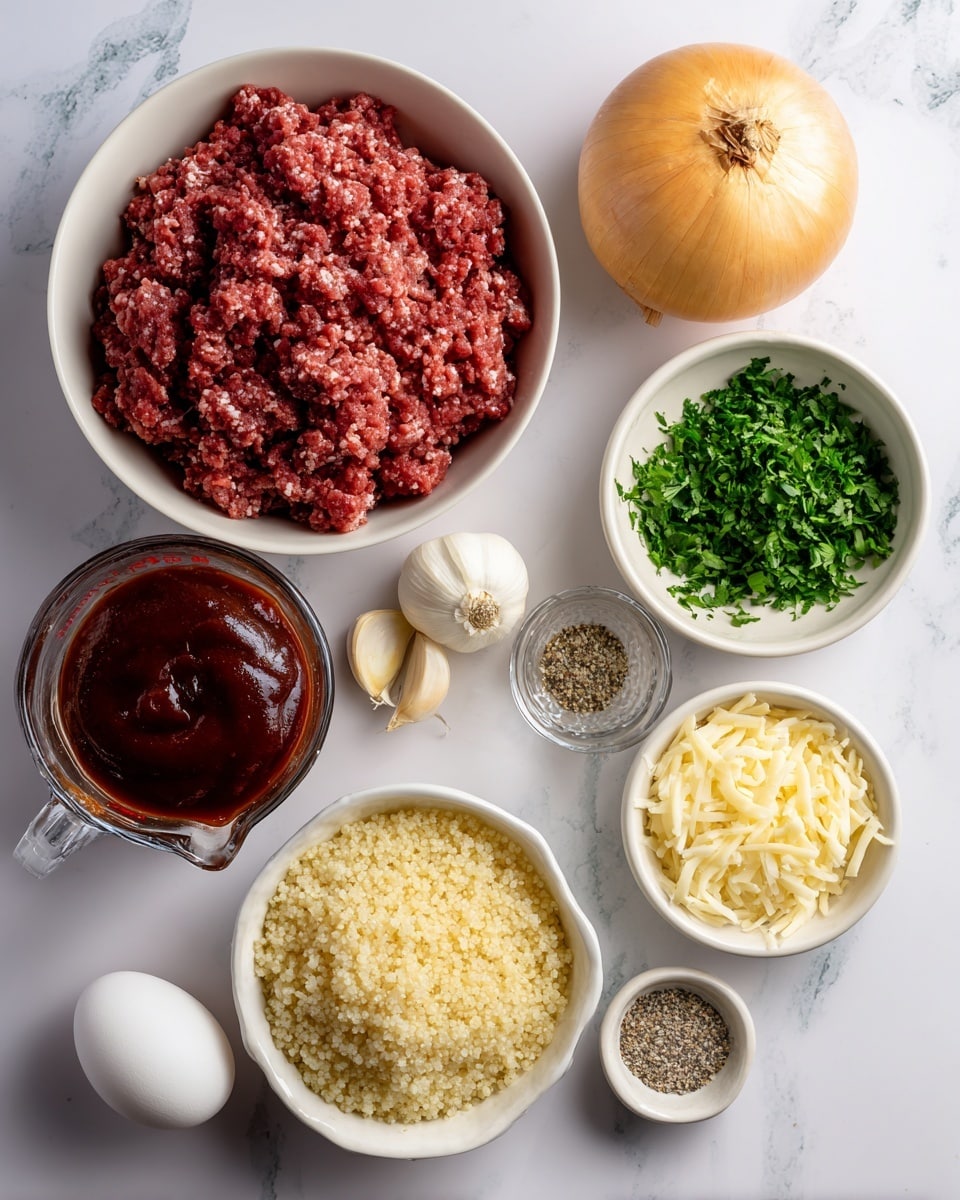 The image shows several white bowls and small containers arranged neatly on a white marbled surface, each filled with different cooking ingredients. The largest white bowl at the top left contains bright red ground beef with a rough, uneven texture. To its right is another white bowl filled with light yellow cooked quinoa, fluffy in appearance. Below these, in a smaller white bowl, there is fresh dark green chopped parsley. Next to it on the right, there is a whole yellow onion with a smooth skin and two small garlic cloves beside it. On the left side, a clear glass measuring cup holds thick, dark reddish-brown BBQ sauce with a shiny surface. Below and to its right are two tiny round dishes: one with mixed coarse salt and black pepper, and the other with fine Italian seasoning herbs. A single white egg sits below the parsley bowl and beside the seasoning bowls. Lastly, on the right near the bottom corner, there is a white bowl decorated with subtle designs, filled with finely grated pale yellow cheese. The whole setup is clean and balanced, with a neat, calm feel. photo taken with an iphone --ar 4:5 --v 7