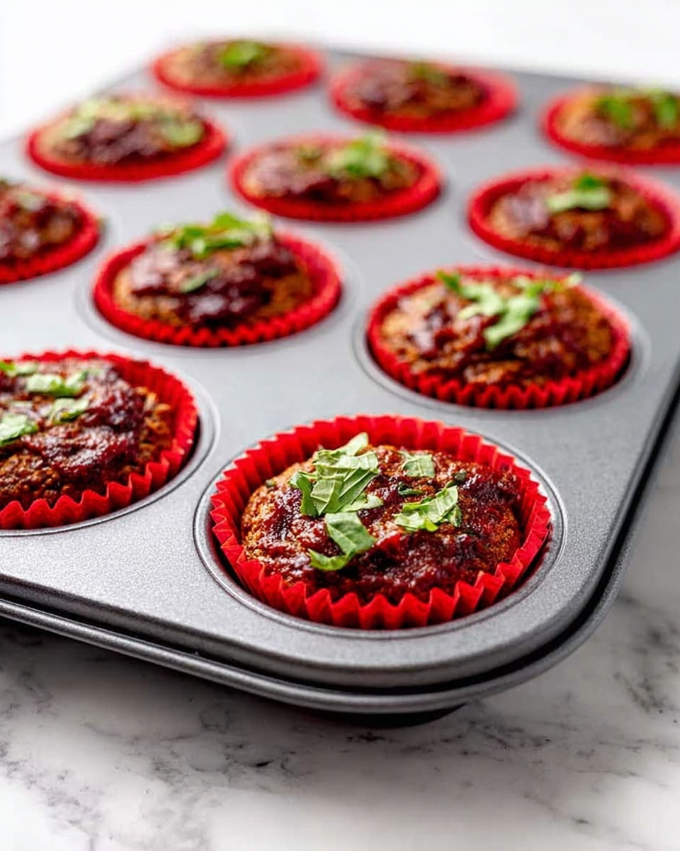 The image shows a gray metal muffin pan with nine red silicone baking cups, each filled with a single serving savory muffin. The muffins have a dark brown, textured top layer that looks slightly moist, topped with a reddish sauce and sprinkled with small green herb leaves for garnish. The pan sits on a white marbled surface that brightens the scene, and the muffins are evenly spaced, with the front center muffin in clear focus. photo taken with an iphone --ar 4:5 --v 7
