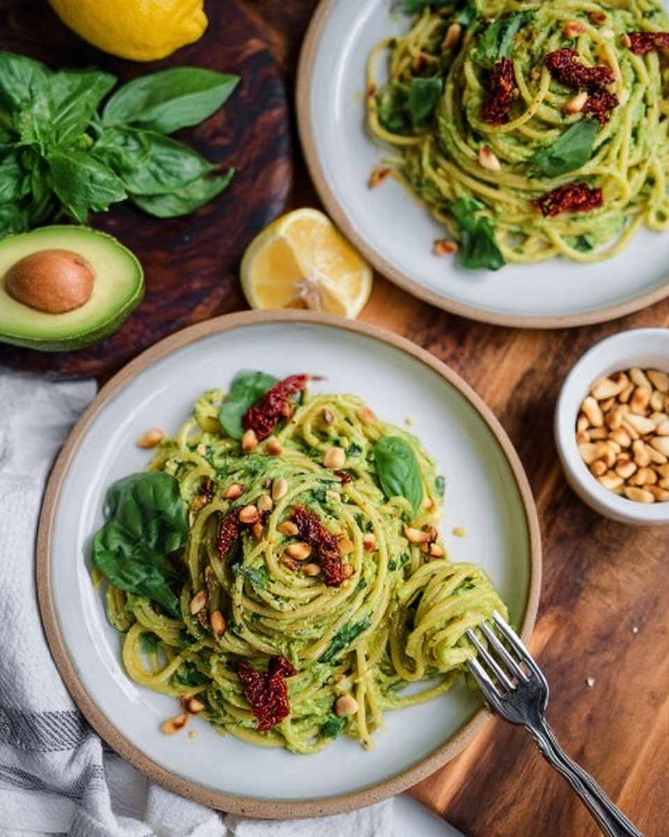 Two white plates of green pasta are on a wooden table with a white marbled background visible around. The pasta has about three layers: the bottom is a green sauce with a creamy texture, the middle is spaghetti noodles coated in the sauce, and the top is sprinkled with small pine nuts, red sun-dried tomato pieces, and green basil leaves for decoration. On the top right plate, the portion is smaller but has the same details. On the left side, an avocado half and fresh basil bunch sit on a dark cutting board. A woman’s hand is holding a fork stuck in the pasta on the bottom plate. There is a lemon half and a small white bowl filled with more pine nuts around the plates. Photo taken with an iphone --ar 4:5 --v 7