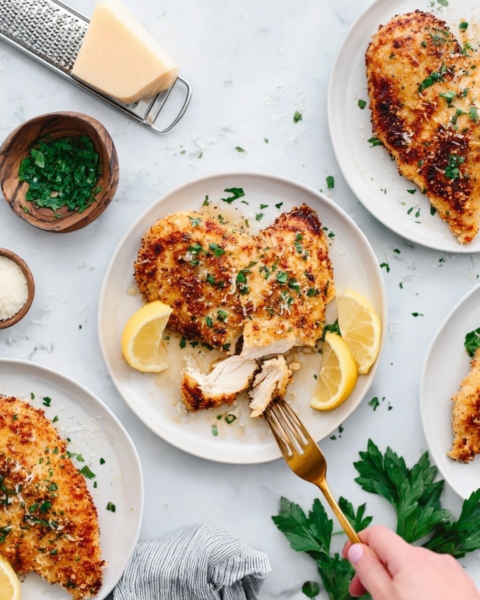 The image shows three white plates each holding a golden brown, cooked chicken fillet with a crispy texture and small green herb sprinkles on top. One plate, in the center, features a chicken fillet partially torn apart by a woman's hand holding a gold fork, revealing tender white meat inside. Two lemon slices sit beside the chicken on this plate. The plates are arranged on a white marbled surface with scattered fresh green herbs and a small bowl of chopped herbs nearby. A block of parmesan cheese with a grater is also visible on the left side. The overall look is bright and fresh with a clean, simple style. photo taken with an iphone --ar 4:5 --v 7