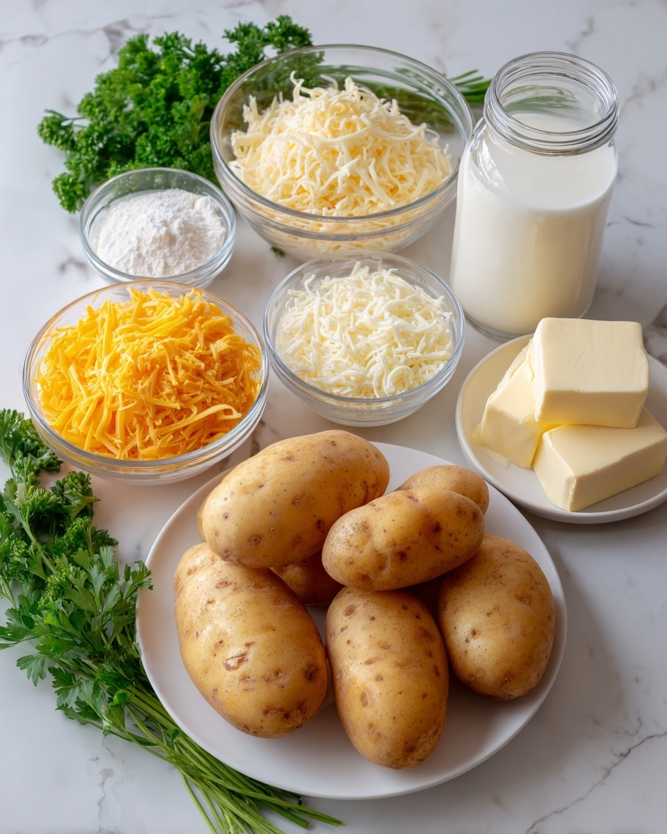 The image shows a white plate at the center filled with seven yellow-brown potatoes with smooth skin. Around the plate, there are small clear jars and bowls containing different ingredients: in one bowl, there is shredded yellow cheddar cheese with a coarse texture, and in another bowl, shredded white mozzarella cheese with a fine texture. A clear glass jar holds white milk, and beside it, a small clear glass holds cream, both smooth liquids. Another small white bowl contains white flour, and another white plate holds two cubes of soft yellow butter. A bunch of fresh green parsley with leaves and stems lies on the white marbled surface around the plates. The whole arrangement is on a white marbled surface, and the colors range from cream and yellow to white and green. Photo taken with an iphone --ar 4:5 --v 7