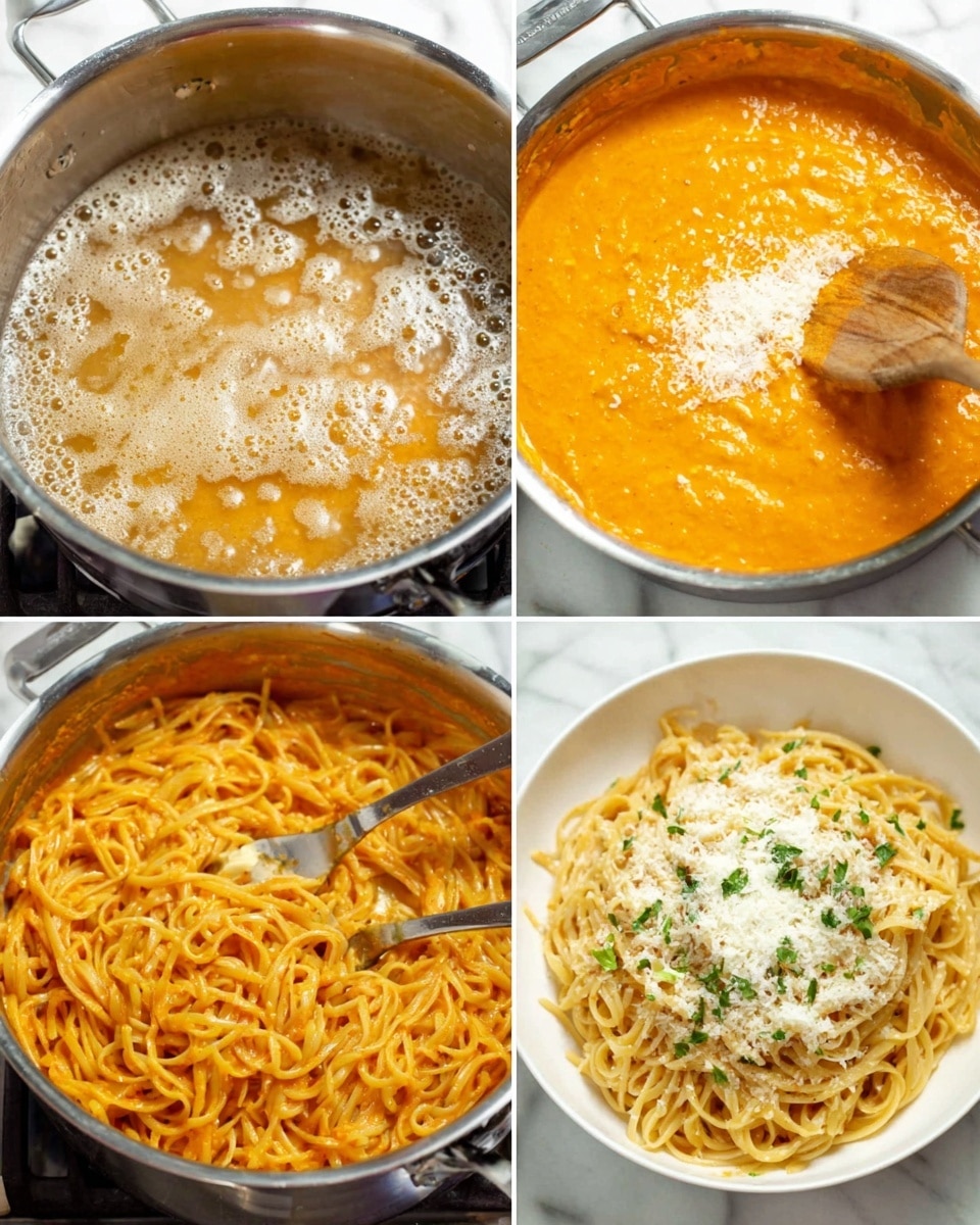The image shows a four-step cooking process of creamy tomato pasta. The first layer features a silver pot with boiling water and pasta inside, with some foam on the surface. The second layer displays a saucepan filled with bright orange creamy sauce, sprinkled with white cheese, with a wooden spoon resting in it. The third layer shows the pasta mixed well with the orange sauce in the saucepan, with a metal spoon stirring the mixture. The final layer presents the cooked pasta served in a white bowl, topped with small green herb pieces and grated white cheese, all placed on a white marbled surface. Photo taken with an iphone --ar 4:5 --v 7