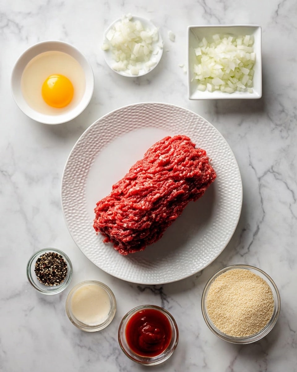 In the center of a white round plate with a textured rim, there is a single roll of bright red ground meat. Surrounding the plate on a white marbled surface are six small white square and round bowls. At the top is a bowl filled with finely chopped white onions. To the left is a square bowl with one raw egg, yolk bright yellow. To the right is a small amount of pale creamy sauce in another square bowl. Below the plate, in clear round bowl, are black and white pepper grains, to its right, in a square bowl, is a small amount of thick red sauce. Lastly, to the far right, a round bowl holds beige breadcrumbs. The photo taken with an iphone --ar 4:5 --v 7