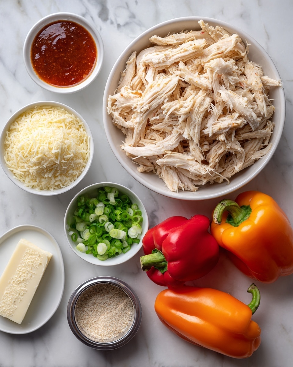 The image shows a flat lay of ingredients arranged neatly on a white marbled surface. In the center, there is a white bowl filled with shredded rotisserie chicken, pale beige in color with a fibrous texture. To the right, three whole sweet bell peppers—two red and one orange—are placed closely together, with their smooth, shiny skins and green stems visible. Above the chicken bowl, a small white bowl holds a reddish-brown hot sauce with a smooth surface. To the left of the chicken, a white plate has a mound of finely grated, pale yellow fontina cheese with a soft texture. Below the fontina, a small white bowl contains chopped scallions, showing rings of bright green and white. Near the bottom left, an unsalted butter stick is placed with its wrapper partially visible. Next to it, there is a small white dish holding a mix of kosher salt and garlic powder, each with a fine granular texture. Below that is a metal container of white vinegar, reflecting light with a smooth round surface. photo taken with an iphone --ar 4:5 --v 7