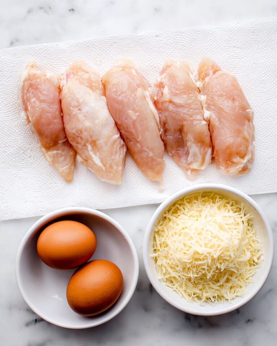 The image shows five raw pale pink chicken pieces neatly laid in a row on a white paper towel at the top of the frame. Below the chicken, there is a small white bowl filled with grated light yellow cheese on the right side and a small white bowl holding two brown eggs on the left side. All items sit on a white marbled surface. The colors are soft, and the textures show the smooth chicken, rough cheese, and smooth eggshells clearly. photo taken with an iphone --ar 4:5 --v 7