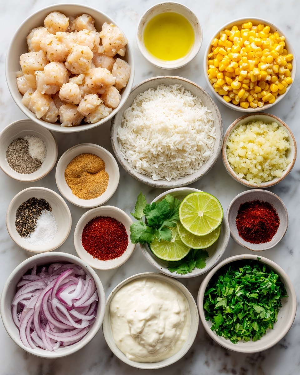The image shows 15 small white bowls arranged neatly on a white marbled surface. At the top left, there is a bowl filled with pale pink chicken pieces in bite-size cubes. Next to it is a bowl of white cooked rice with a fluffy texture, followed by a bowl filled with bright yellow corn kernels. Then there is a bowl with a pale golden oil and three smaller bowls containing deep reddish smoked paprika, dark red chili powder, and light tan garlic powder. Below this row are three bowls: one with white salt and black pepper, a halved lime showing its juicy green interior, and a bowl with thinly sliced red onion rings. Below these are four more bowls, one filled with creamy white Greek yogurt, another with a pale, creamy mayonnaise, a bowl with small minced pale yellow garlic pieces, and a bowl with light yellow lime juice. Lastly, there are three bowls filled with finely chopped fresh green cilantro and a small bowl with lime zest. Each ingredient is clearly visible with bright, natural colors. photo taken with an iphone --ar 4:5 --v 7