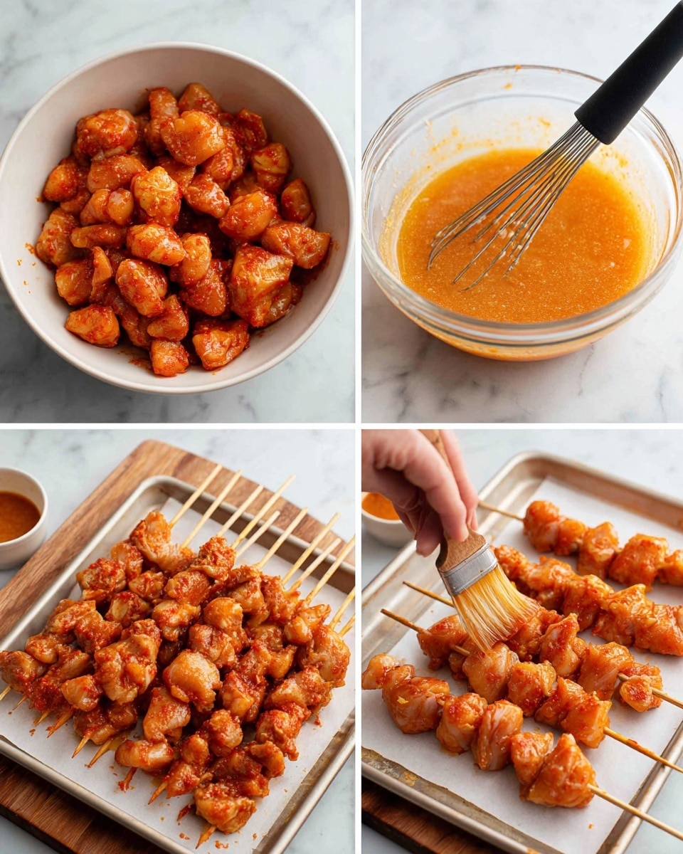 The image shows four steps in a recipe arranged in a 2x2 grid on a white marbled surface. In the first image, a white bowl is filled with many pieces of raw chicken coated in a reddish-orange marinade. The second image shows a clear glass bowl containing a thick, light orange sauce with a black-handled whisk resting inside. The third image shows several wooden skewers with the marinated chicken pieces closely packed together, laid out on a white baking tray next to a small bowl of the same orange sauce. In the fourth image, a woman's hand is brushing the light orange sauce over the chicken skewers on the baking tray, with the small bowl of sauce placed nearby. photo taken with an iphone --ar 4:5 --v 7