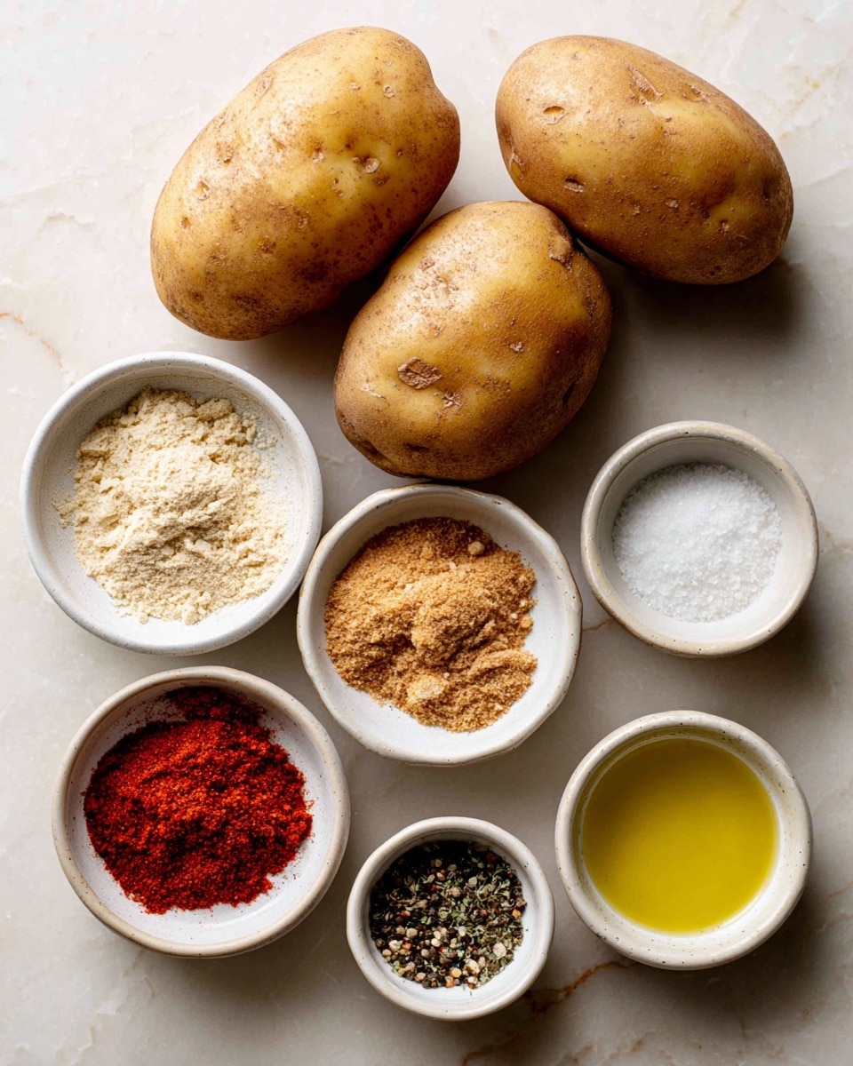 The image shows three large light brown potatoes placed at the top on a white marbled surface. Below the potatoes, there are six small white bowls arranged in two columns and three rows. Each bowl contains a different ingredient: the top left bowl has two light beige powders labeled garlic and onion powder, the top right bowl has one light brown powder and white granules labeled brown sugar and sugar, the middle left bowl has two vibrant red powders labeled paprika and chili powder, the middle right bowl has white salt and black pepper grains, and the bottom bowl has pale yellow oil. Photo taken with an iphone --ar 4:5 --v 7