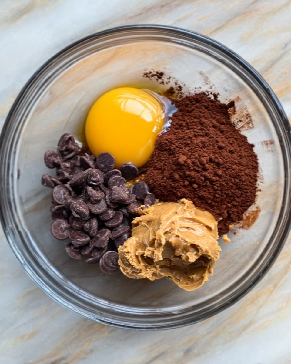 In a clear glass bowl, there are six ingredients placed separately: a raw egg yolk with a shiny smooth surface in the center, a scoop of light brown peanut butter with a creamy texture on the right, a pile of fine dark brown cocoa powder below the egg, and a cluster of shiny dark brown chocolate chips on the left. The bowl sits on a white marbled surface. photo taken with an iphone --ar 4:5 --v 7