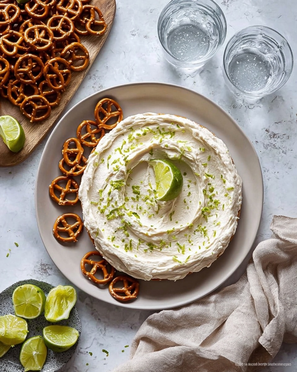 A dark bowl is filled with a thick, creamy white dip that has green lime zest sprinkled all over it. On top of the dip, there is a lime wedge and two square pretzel crackers placed as decoration. Below the bowl, a white marble slab holds a pile of square-shaped, golden brown pretzel crackers with holes in the center, arranged casually. The whole scene is set on a white marbled surface with a soft gray cloth in the background. Photo taken with an iphone --ar 4:5 --v 7
