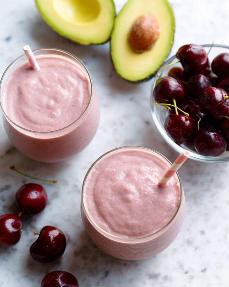 Two glasses filled with a smooth, light pink smoothie, each topped with a white and pink striped straw, are placed on a white marbled surface. Around the glasses, there are two avocado halves, one showing the seed and the other empty with its bright green flesh visible. Next to these, a clear white bowl holds dark red cherries with shiny skins, adding a rich color contrast. The overall image has a fresh, clean look with soft lighting highlighting the creamy texture of the smoothie and the natural colors of the fruit. photo taken with an iphone --ar 4:5 --v 7