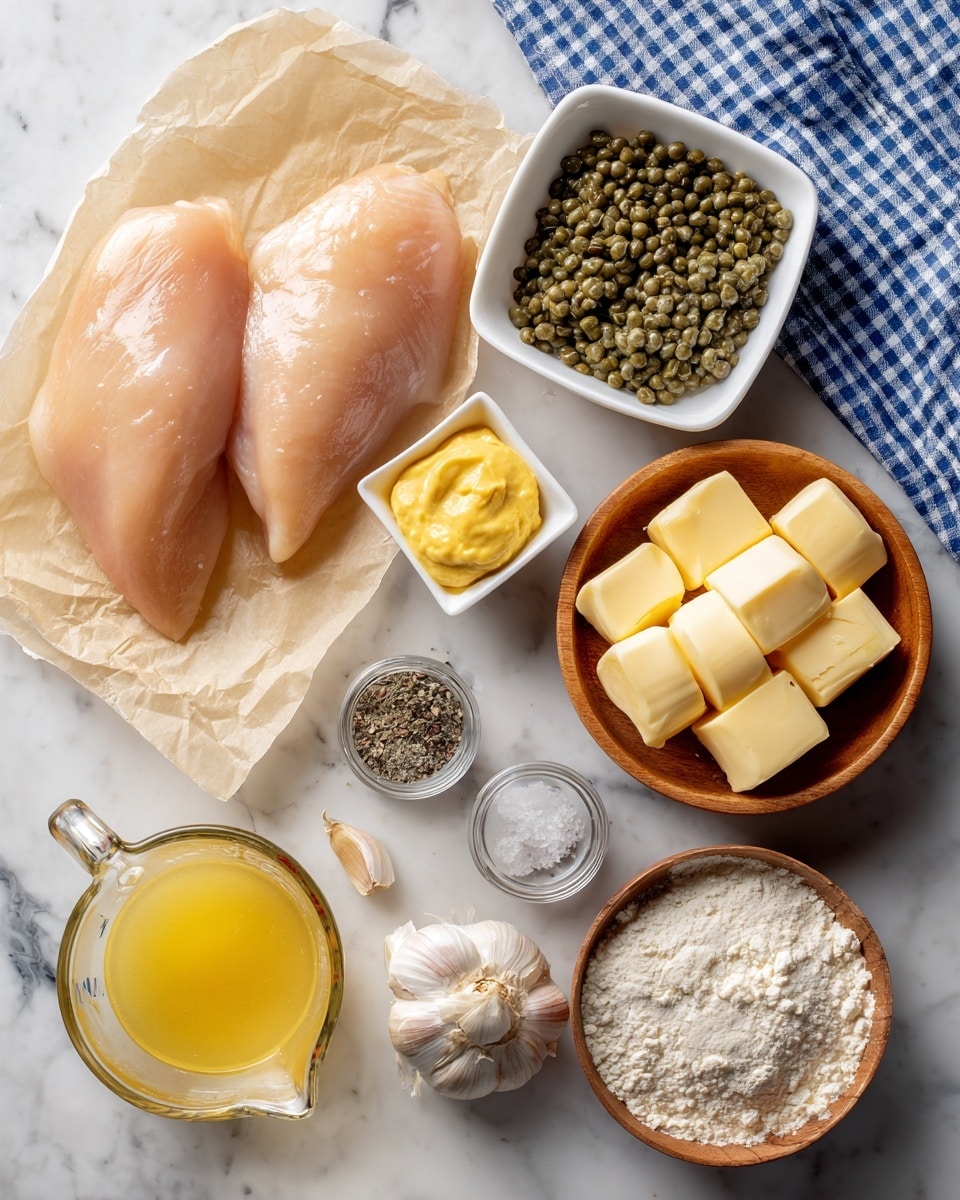 The image shows all the ingredients neatly arranged on a white marbled surface. On the left, there are two raw chicken breasts placed on parchment paper. Near the top middle, a small white square bowl holds a smooth yellow mustard. Next to it is another small white square bowl filled with green capers. On the top right, a wooden bowl contains three square pieces of pale yellow butter, and below it another wooden bowl is filled with white flour. Near the bottom left, a glass measuring cup contains fresh lemon juice, and beside it is a small white rectangular dish with salt and pepper in separate sections. To the right of the white dish, a small clear glass bowl holds light yellow chicken broth. Two garlic cloves are placed in between the mustard and salt dishes. A blue and white checkered cloth is near the top edge above the mustard bowl. photo taken with an iphone --ar 4:5 --v 7