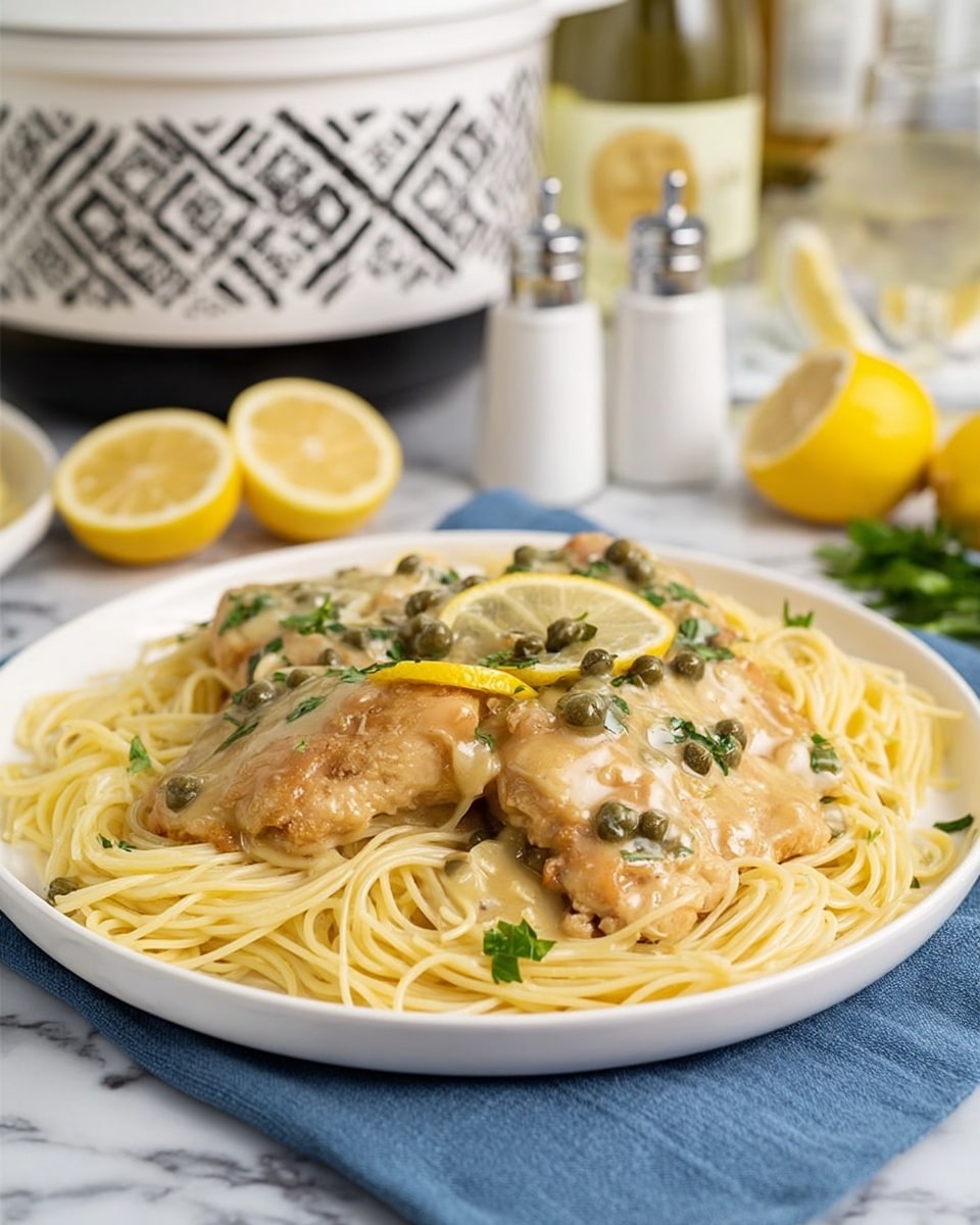 A white plate holds a bed of light yellow cooked spaghetti noodles arranged in a loose pile. On top, there are two light golden pieces of chicken covered in a creamy pale yellow sauce that has visible green herbs and capers scattered throughout. Thin lemon slices and small green parsley leaves sit on the chicken, adding a fresh touch. The plate is placed on a white marbled surface with a blue cloth nearby. In the background, a white crockpot with a black geometric pattern and a silver knob is partially visible, along with a lemon cut in half, white salt and pepper shakers, and a glass of white wine. Photo taken with an iphone --ar 4:5 --v 7