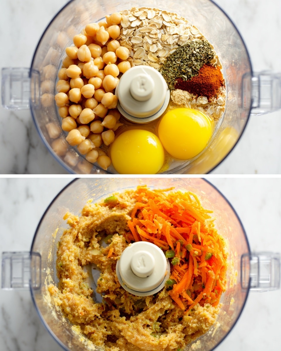 Two images show a clear food processor bowl on a white marbled surface. In the first image, the bowl holds separate layers of ingredients: whole light beige chickpeas in the top left, light tan oats in the top right, two bright yellow raw eggs at the right, small white onion pieces and shredded orange carrot mixed with green flecks in the bottom right, and a small pile of dark herbs and reddish spice near the center. In the second image, all these ingredients inside the bowl are blended into a thick, coarse-textured, light brown mixture with some visible small bits, the blade visible in the center. photo taken with an iphone --ar 4:5 --v 7