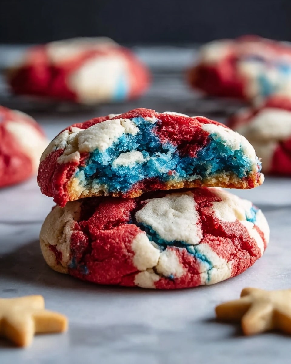 The image shows two thick cookies stacked on a white marbled surface. The bottom cookie has a colorful pattern with red and white sections, topped with cracks revealing a bright blue inside. The top cookie is broken in half, showing a soft, moist, and crumbly blue center, with the outer part having red, white, and some blue patches. Scattered around are blurred cookies of similar colors and a small beige star-shaped cookie on the right side. The scene has a soft focus on the front, highlighting the cookie details clearly. Photo taken with an iphone --ar 4:5 --v 7