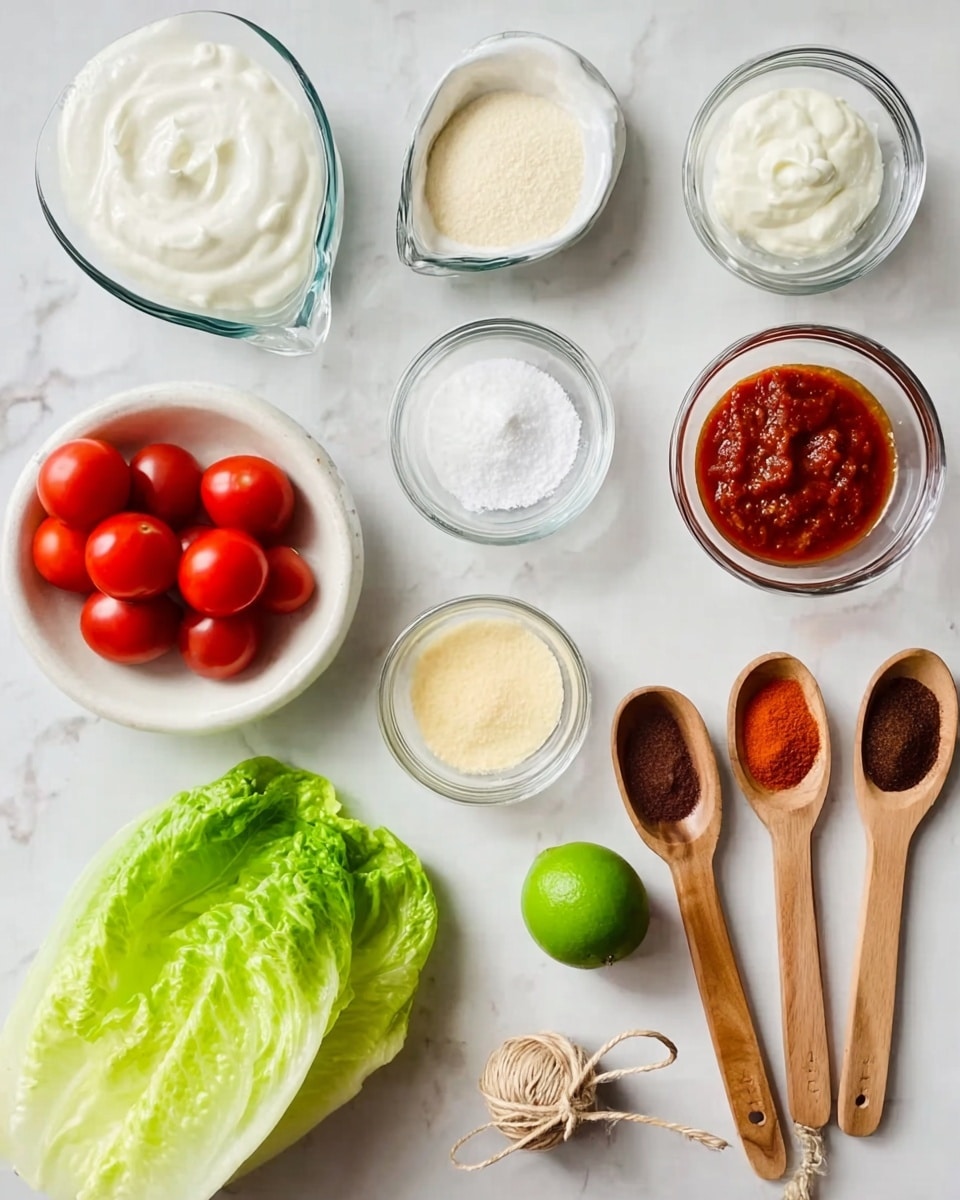 The image shows a top-down view of various ingredients neatly arranged on a white marbled surface. There are seven glass bowls, five of which are curved, containing white sour cream, clear liquid, red salsa, white powder, and white granulated sugar. Next to them are small white bowls holding light yellow and beige powders. Three wooden measuring spoons, filled with dark red, brown, and bright red spices, lie diagonally next to a white bowl full of red cherry tomatoes. A fresh green Romaine lettuce leaf and two green lime halves are placed on the left and right sides, respectively. A wooden measuring spoon with a long handle sits horizontally at the bottom near a tied string. Photo taken with an iphone --ar 4:5 --v 7