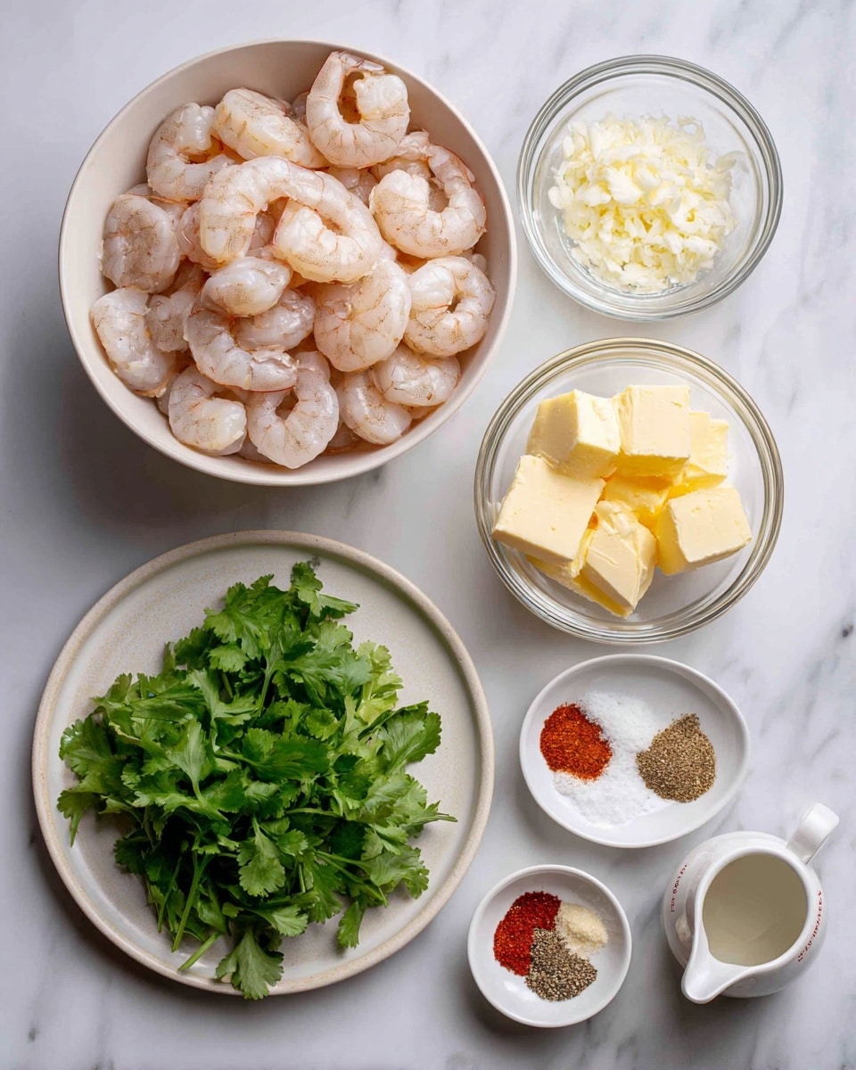 The image shows a white marbled surface with several white dishes arranged neatly. On the left, there is a white bowl filled with peeled pink shrimp. Next to it is a small clear glass bowl with minced garlic. Below that is a white plate holding fresh green cilantro leaves. To the right of the cilantro are two small white bowls; one contains several yellow butter cubes and the other has light-colored liquid. Next to these bowls is a small white dish with four spices: red chili powder, black pepper, salt, and garlic powder. Finally, there is a small white measuring cup labeled