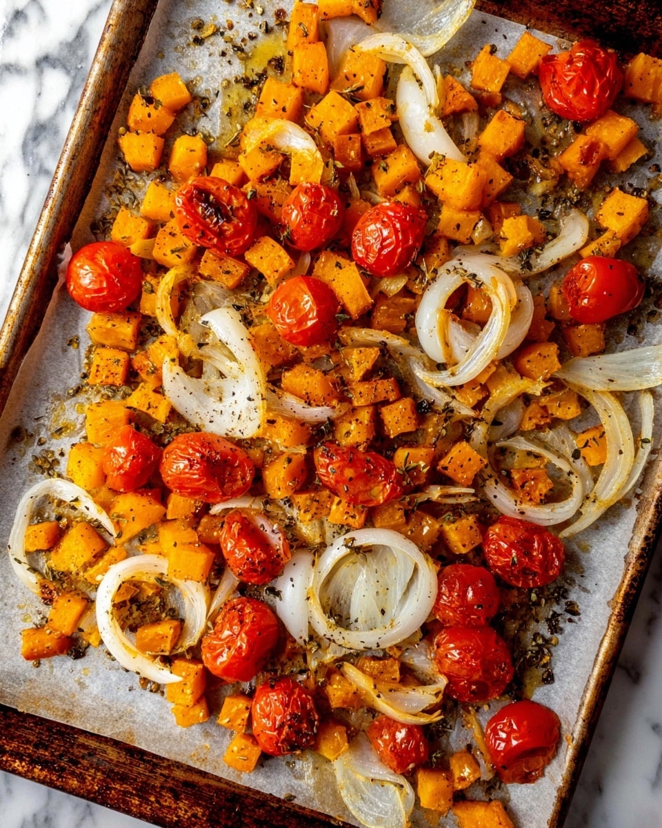 The image shows a rusty baking tray lined with parchment paper scattered with small orange cubes of roasted squash, bright red halved cherry tomatoes, and thin slices of translucent white onion rings. The vegetables are sprinkled with coarse black pepper and herbs, giving a speckled look to the vibrant colors. The vegetables are spread unevenly, some overlapping on the white marbled surface seen around the tray edges. photo taken with an iphone --ar 4:5 --v 7