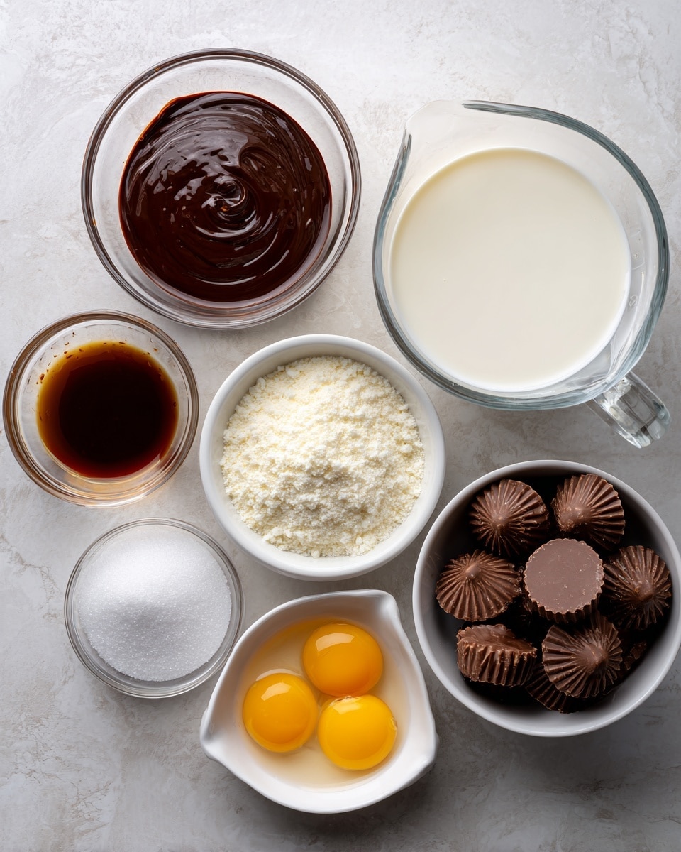 The image shows seven clear glass bowls and one white bowl placed on a white marbled textured surface. Starting from the top left, a small glass bowl holds dark brown hot fudge sauce with a smooth texture. To its right, a larger glass measuring cup is filled with white heavy cream. Below it, another glass measuring cup contains white whole milk. Moving down and to the left, a small white bowl is filled with white sugar grains with a slightly grainy texture. Above that, a small clear glass bowl holds a dark amber liquid vanilla extract. Below the vanilla, a small white bowl contains four bright yellow egg yolks with smooth, shiny surfaces. In the center, a white bowl is filled with many mini Reese’s peanut butter cups, which are brown with ridged edges and a smooth top. photo taken with an iphone --ar 4:5 --v 7