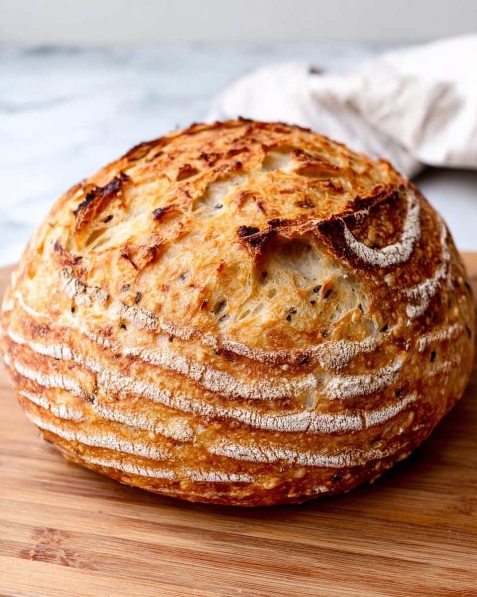 A single round loaf of bread with a golden brown crust sits on a wooden board. The bread has clear white flour lines running around it in a spiral pattern, creating a textured look. The crust is uneven and crackled, showing a crunchy outer layer with some raised bubbles and darker toasted spots. The top of the loaf has deep creases and ridges, revealing the soft inside underneath. The background features a clean white marbled surface with soft light, and a white cloth is slightly visible in the back. photo taken with an iphone --ar 4:5 --v 7
