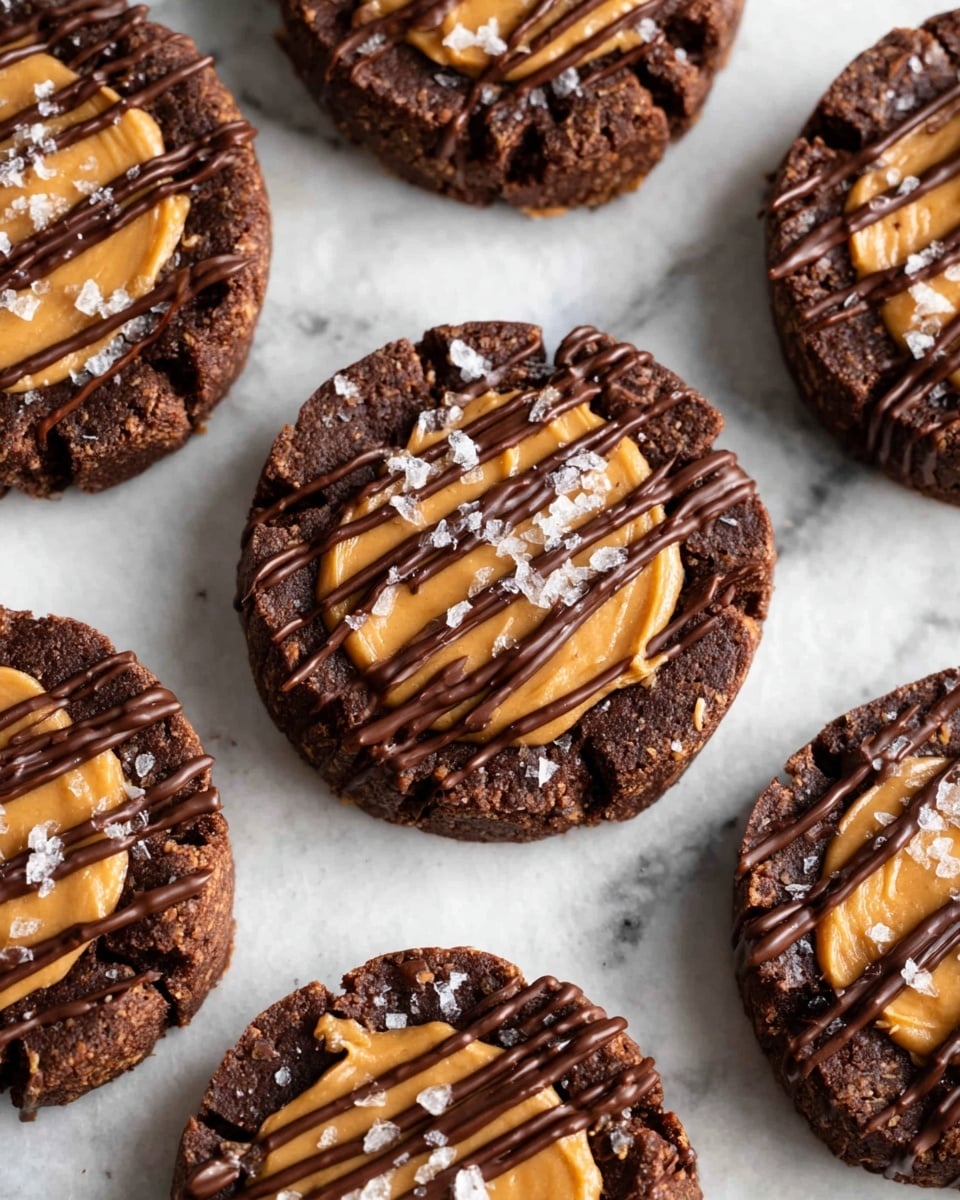 The image shows several round chocolate cookies on a white marbled surface. Each cookie has three layers: a dark brown chocolate base with a rough texture, a smooth light brown layer of peanut butter in the center, and thin dark chocolate drizzle lines across the top. Small flakes of sea salt are sprinkled on each cookie, adding extra detail. The cookies are placed with even spacing, filling the frame in a neat pattern. photo taken with an iphone --ar 4:5 --v 7