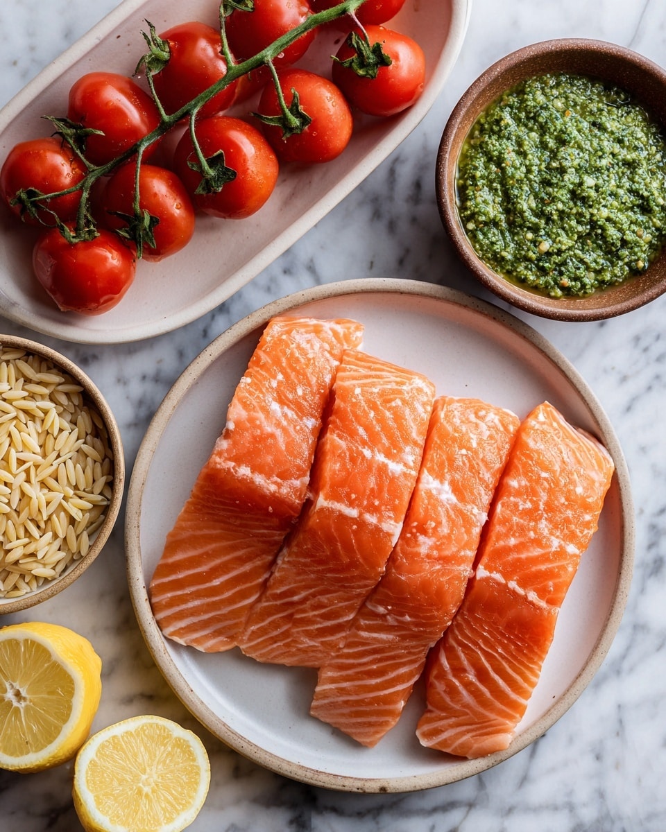 There is a white round plate with four pieces of raw salmon fillets, each with bright orange color and white streaks, placed slightly overlapping each other. To the right of the plate, there is a small brown bowl filled with green pesto sauce with a textured surface. Below the pesto bowl, there are two halves of a lemon, showing a bright yellow interior and seeds. Above the salmon plate, there is a white oval plate with many red cherry tomatoes still attached to green stems and arranged closely. To the left of the tomato plate, a small round brown bowl contains uncooked light beige orzo pasta. All items are resting on a white marbled textured surface. Photo taken with an iphone --ar 4:5 --v 7