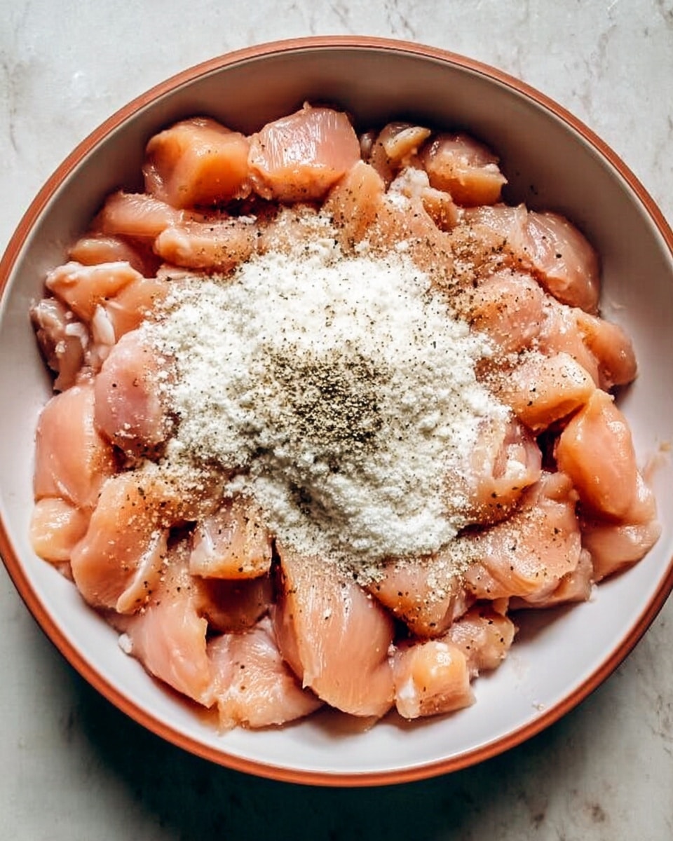 The image shows a white bowl filled with raw, cut pieces of light pink chicken meat. On top of the chicken, there is a heap of white flour and scattered black pepper. The chicken pieces are arranged in a loose circle around the flour and pepper in the middle. The bowl sits on a white marbled surface. Photo taken with an iphone --ar 4:5 --v 7