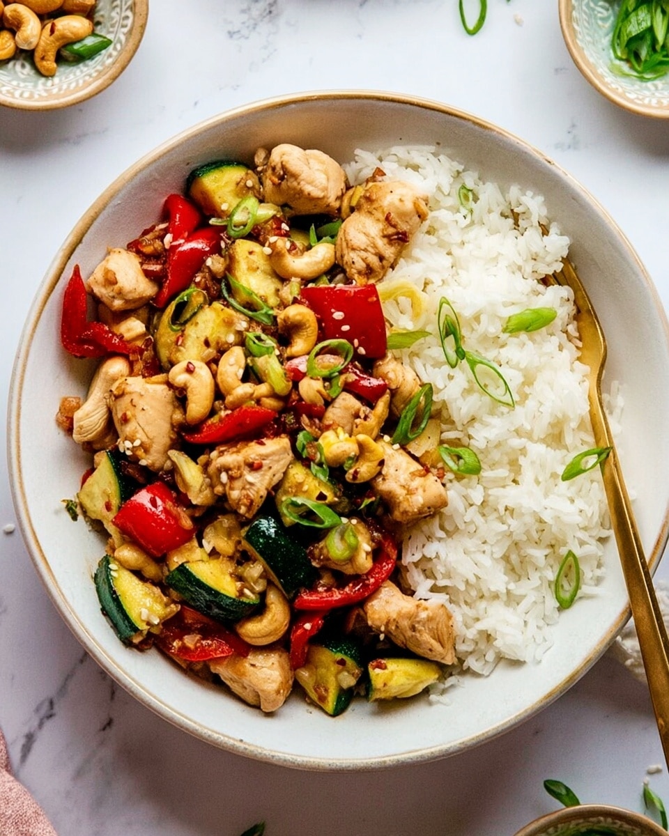 A white bowl filled with two main layers: the bottom layer is fluffy white rice on the right side, and on the left side sits a colorful stir-fry mixture. The stir-fry contains light beige chicken pieces mixed with bright red bell peppers, green zucchini, and yellow cashew nuts. Thinly sliced green onions are scattered on top, adding a fresh green contrast. A gold fork rests on the edge of the bowl, partly inside the dish. The bowl is placed on a white marbled surface with small dishes and green onion pieces around it, creating a casual dining setting. Photo taken with an iphone --ar 4:5 --v 7