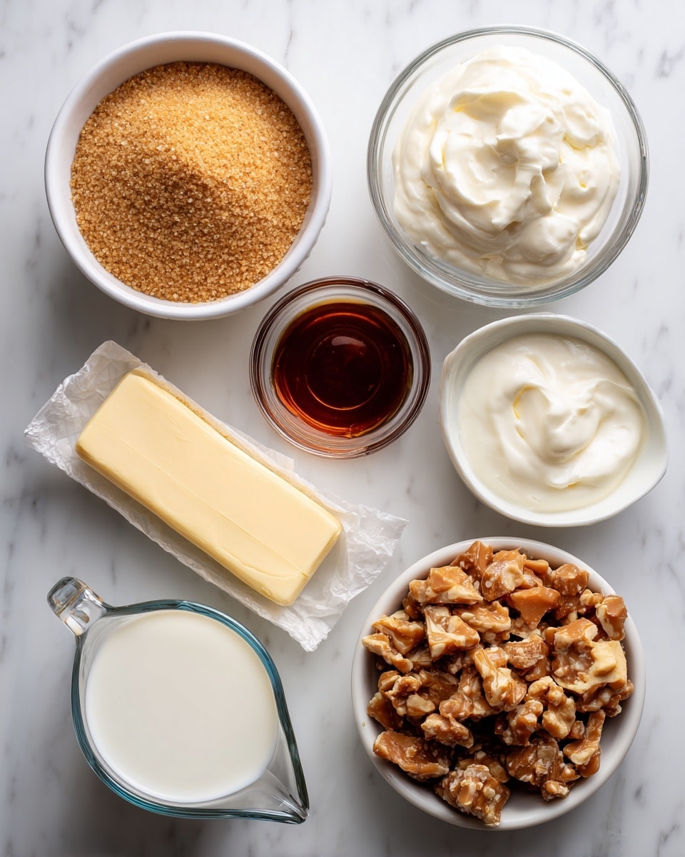 The image shows seven ingredients arranged on a white marbled surface in a loose circle. In the top left is a white bowl filled with light brown sugar, with a soft, slightly crumbly texture. To the right is a small clear bowl of dark amber vanilla extract, smooth and liquid. Next to it on the far right is a clear measuring cup holding thick, white heavy cream. Below that in the center is a rectangular stick of pale yellow salted butter still in its paper wrapper. Below the butter, on the bottom right, is a white bowl filled with toffee pieces, showing a mix of light tan chunks with some darker brown bits, rough and uneven. To the left of the toffee is a clear measuring cup with whole milk, smooth and white. The ingredients are spaced apart neatly on the white marbled surface. photo taken with an iphone --ar 4:5 --v 7