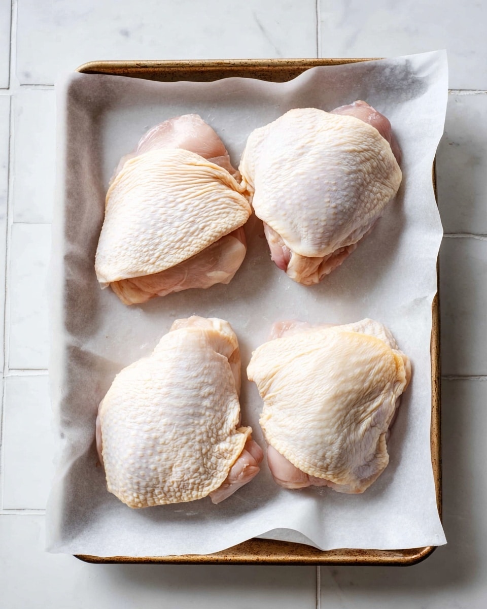 A baking tray lined with white parchment paper holds four raw chicken thighs arranged in two rows of two. Each chicken thigh has pale, slightly pink skin with visible texture and is plump with subtle folds and creases. The tray is placed on a white marbled tiled surface with visible grout lines, enhancing the clean and simple scene. photo taken with an iphone --ar 4:5 --v 7