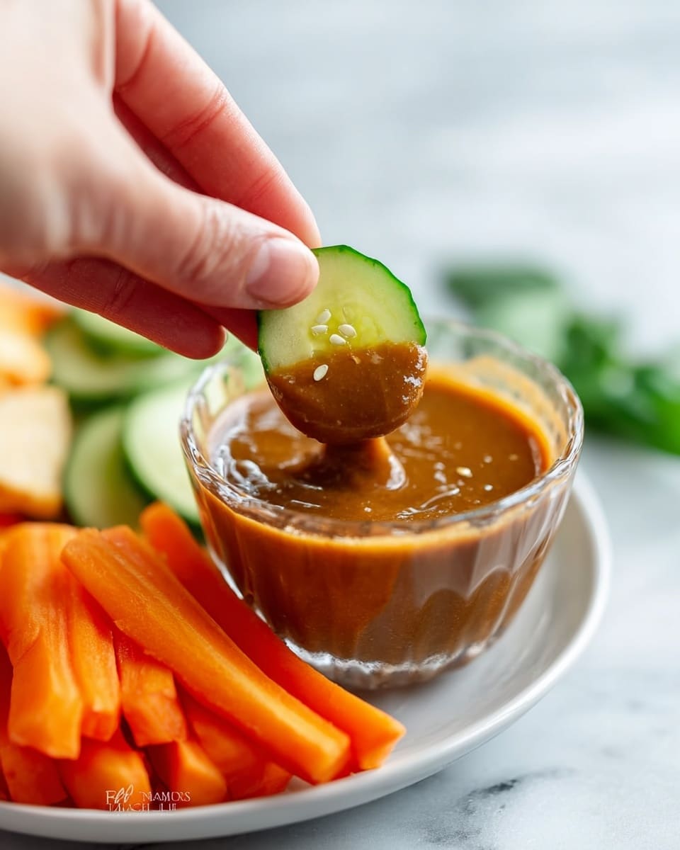 A woman's hand holds a small slice of green cucumber with light seeds, dipped halfway into a thick, smooth brown sauce inside a clear glass bowl. The bowl is placed on a white plate that also holds bright orange carrot sticks in the front. The scene is set against a white marbled surface with some green leaves visible on the right side in the background. The image is clear and bright, focused on the dipped cucumber slice with soft natural lighting photo taken with an iphone --ar 4:5 --v 7